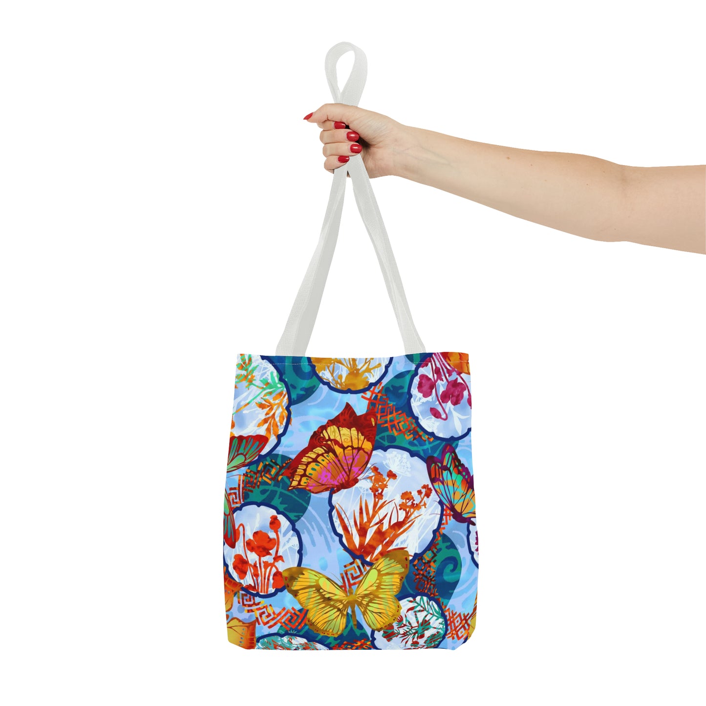 Tote Bag: Large-18x18; DREAMSCAPES BUTTERFLIES w/LT-Blue Circles
