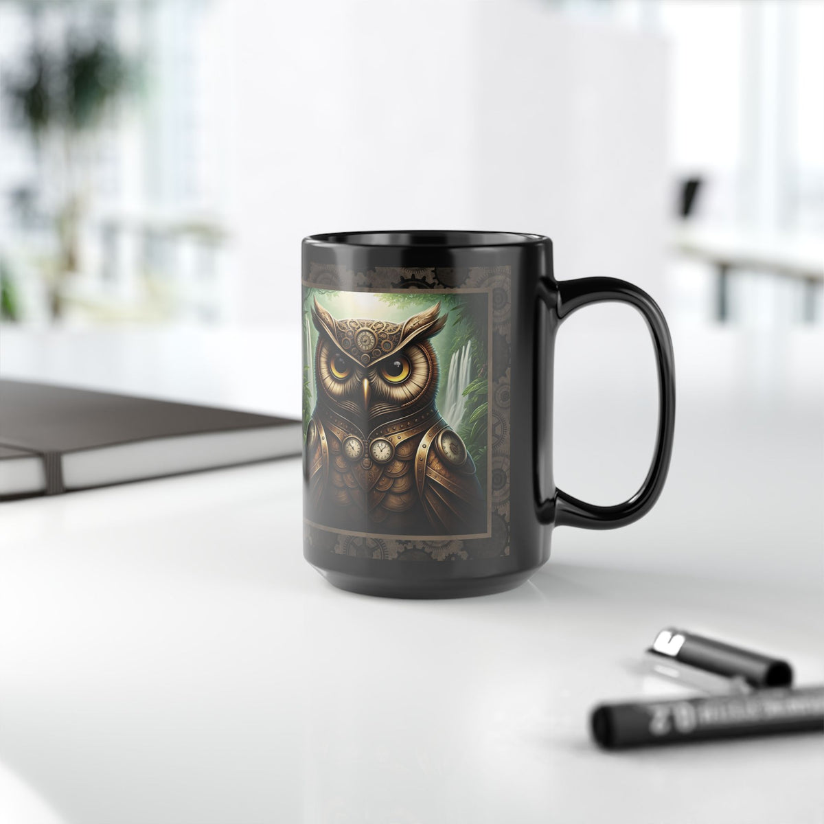 Black Mug-15oz: "Steampunk Owl" Panel