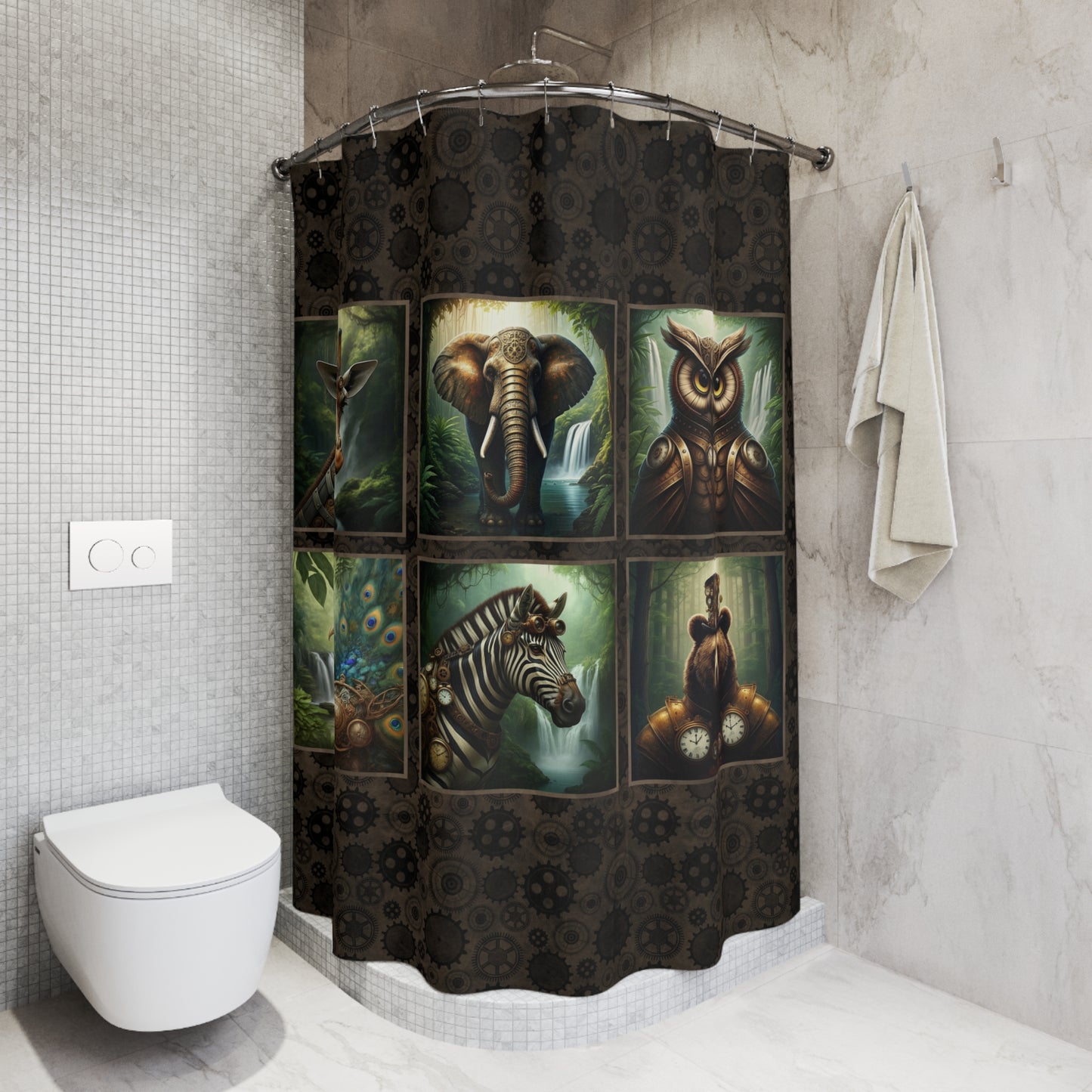 Vintage Steampunk Animal Panel Shower Curtain — Elephant, Owl, Giraffe & More