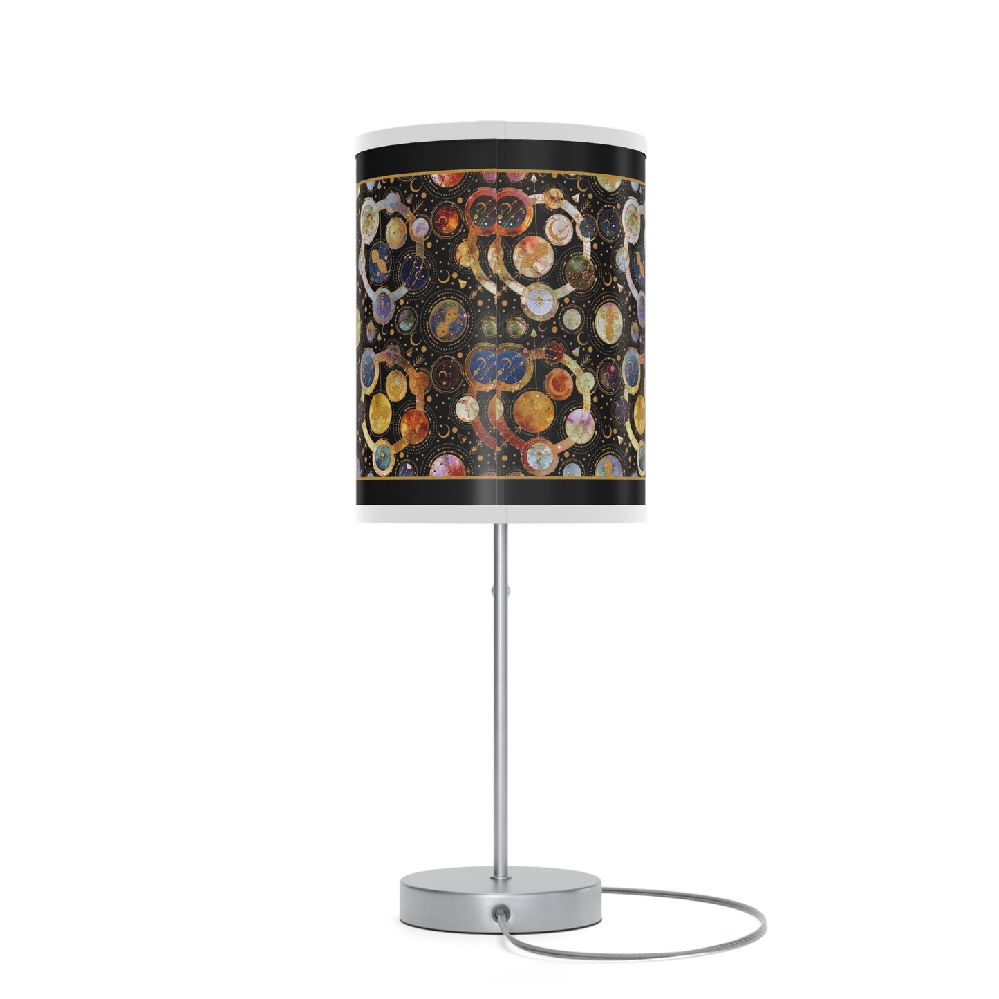 Table Lamp: Silver Base; "Cosmos" [Galaxy and Planets Panel w/Gold Trim.
