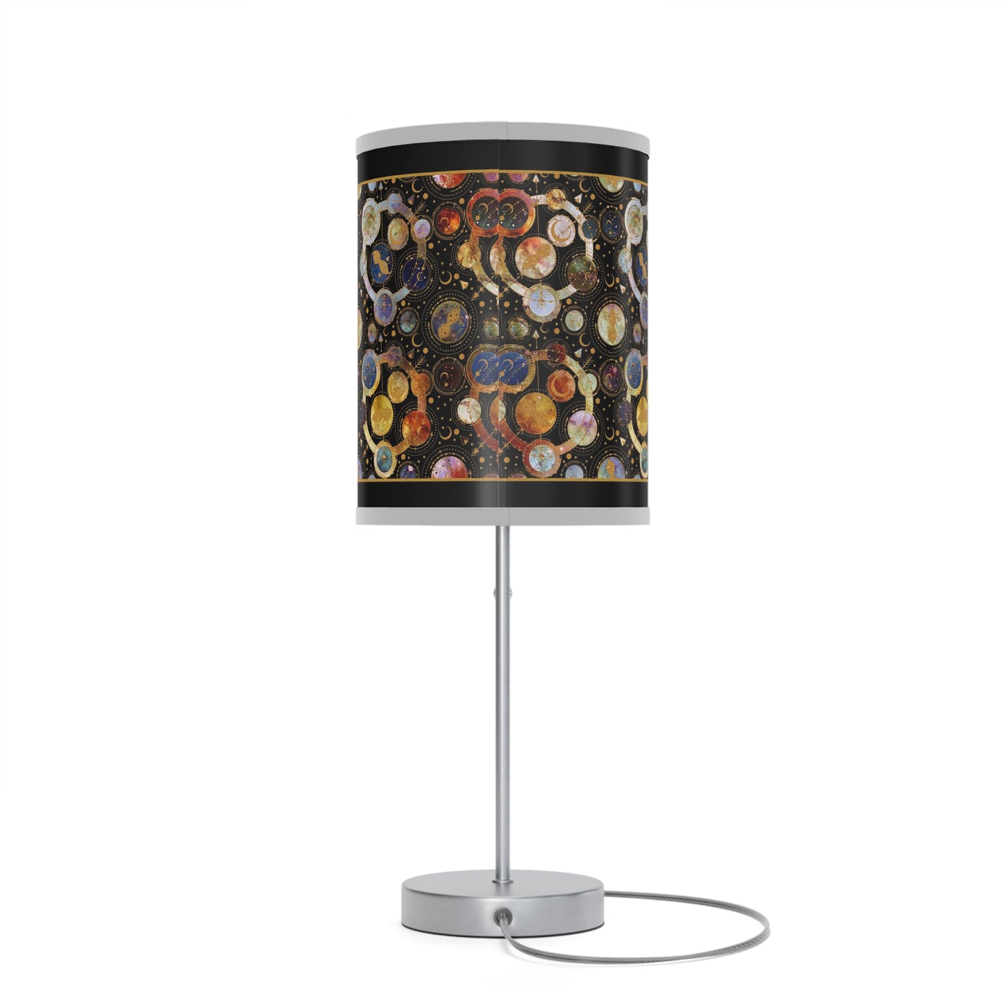 Table Lamp: Silver Base; "Cosmos" [Galaxy and Planets Panel w/Gold Trim.
