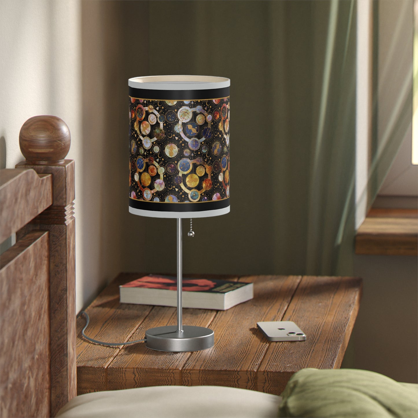 Table Lamp: Silver Base; "Cosmos" [Galaxy and Planets Panel w/Gold Trim.