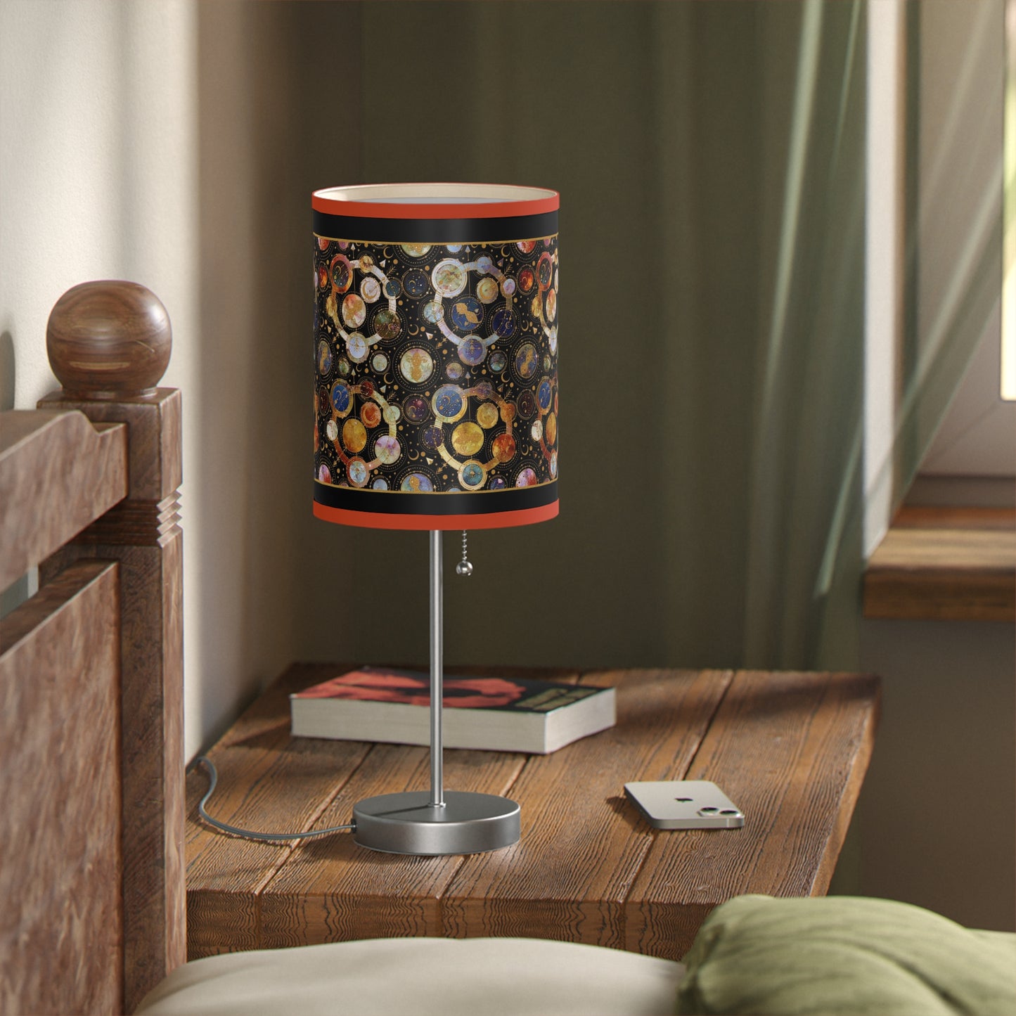 Table Lamp: Silver Base; "Cosmos" [Galaxy and Planets Panel w/Gold Trim.