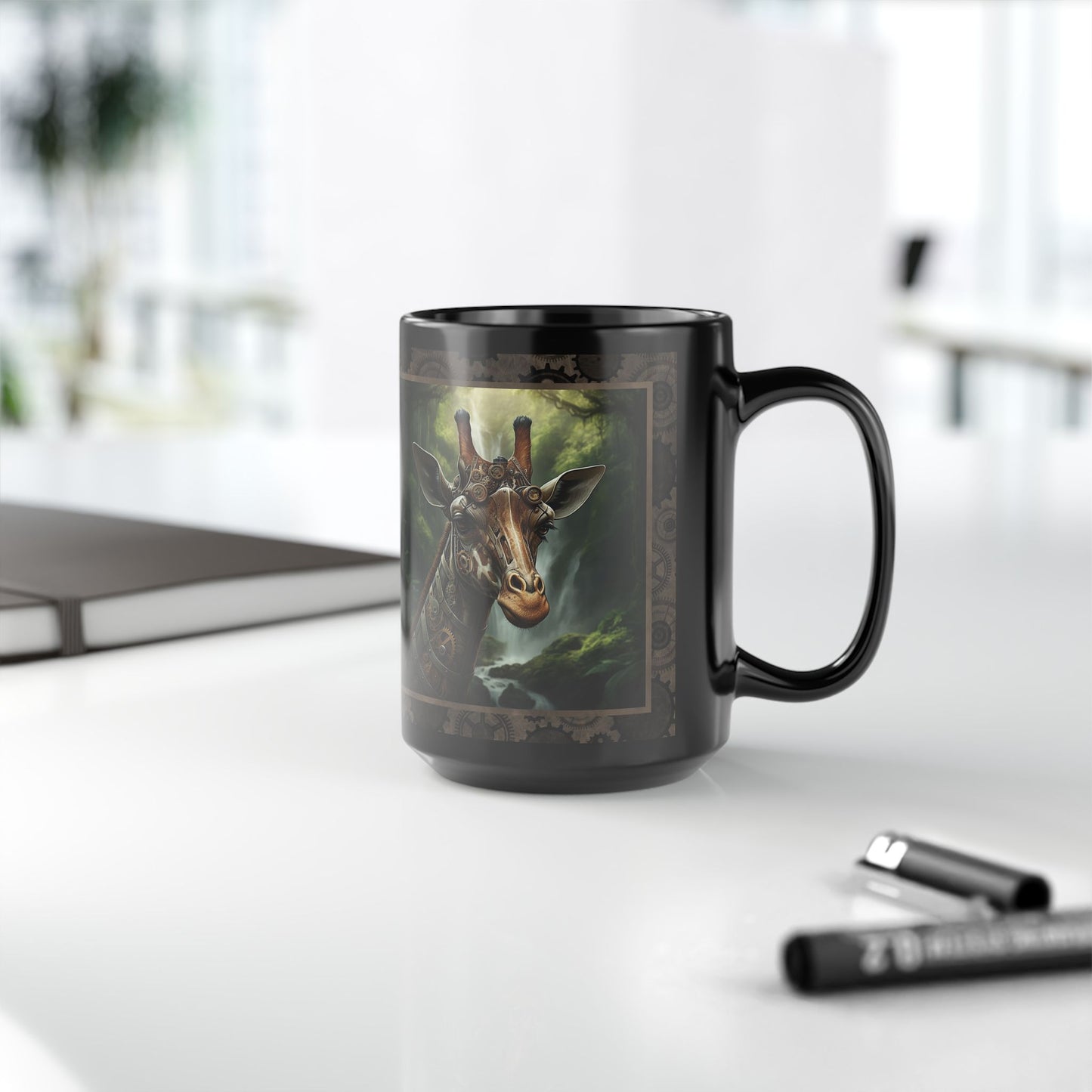 Black Mug-15oz: "Steampunk Giraffe" Panel