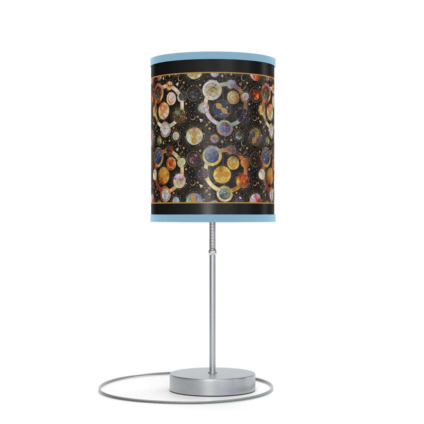 Table Lamp: Silver Base; "Cosmos" [Galaxy and Planets Panel w/Gold Trim.