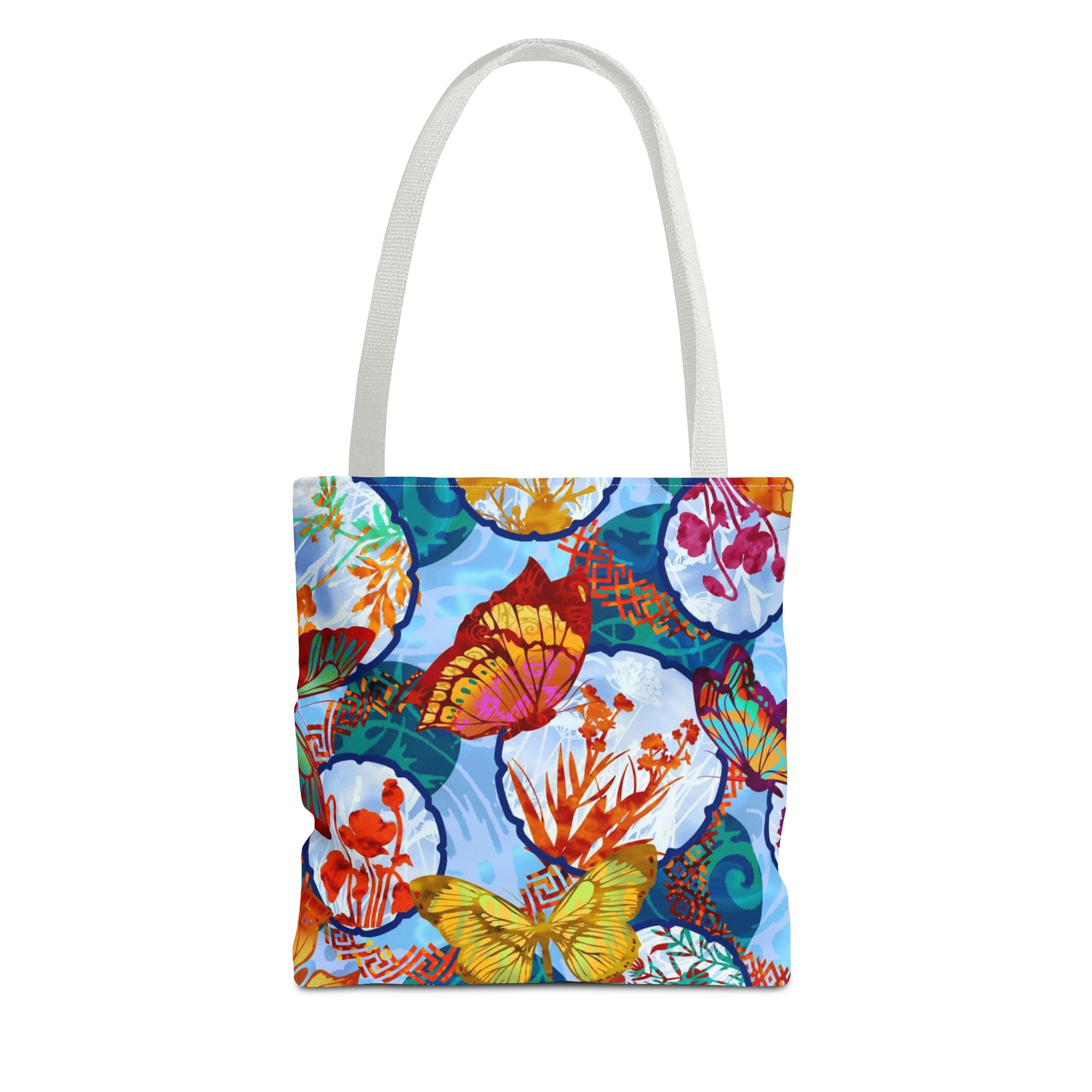 Tote Bag: Large-18x18; DREAMSCAPES BUTTERFLIES w/LT-Blue Circles