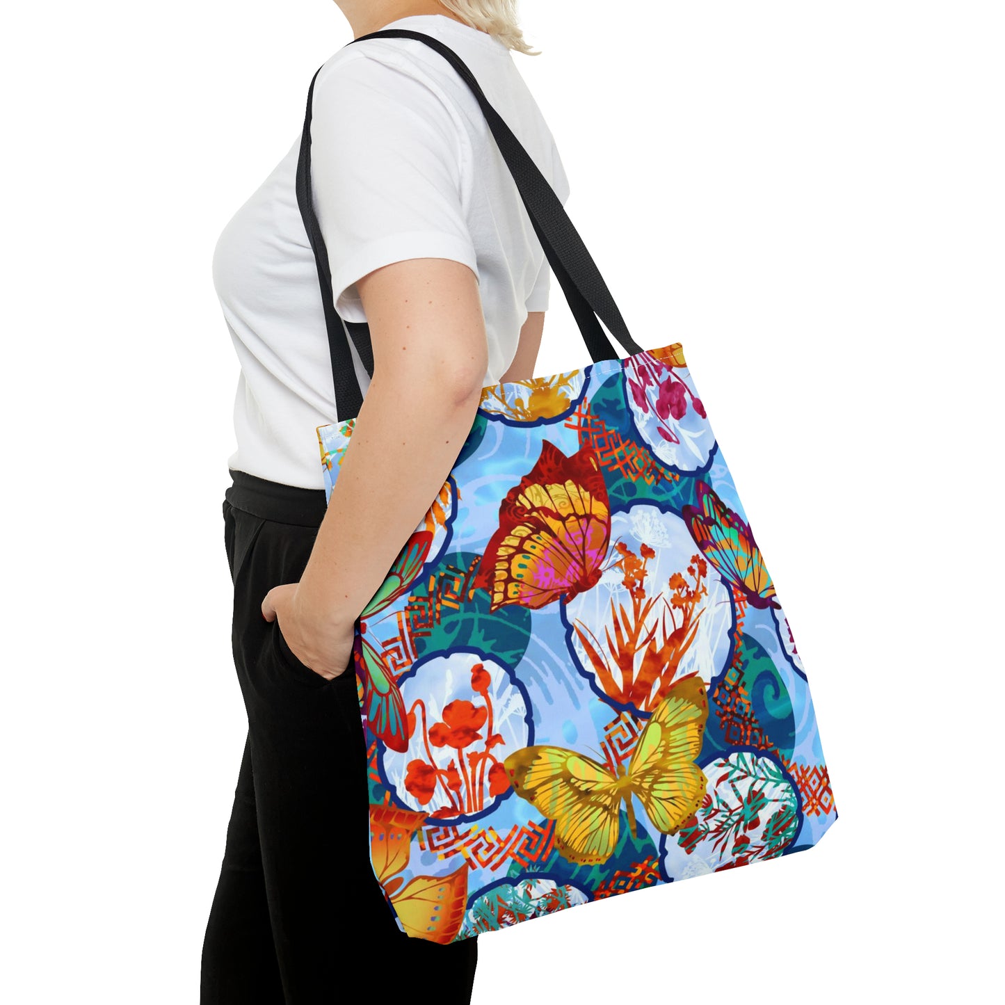 Tote Bag: Large-18x18; DREAMSCAPES BUTTERFLIES w/LT-Blue Circles