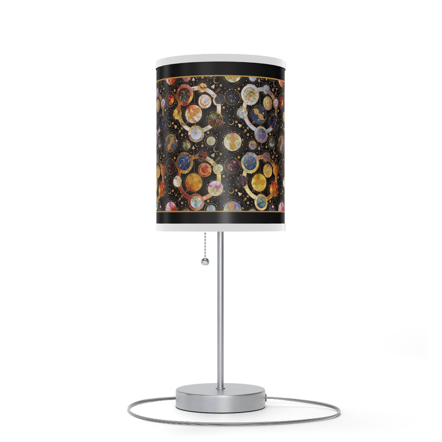 Table Lamp: Silver Base; "Cosmos" [Galaxy and Planets Panel w/Gold Trim.
