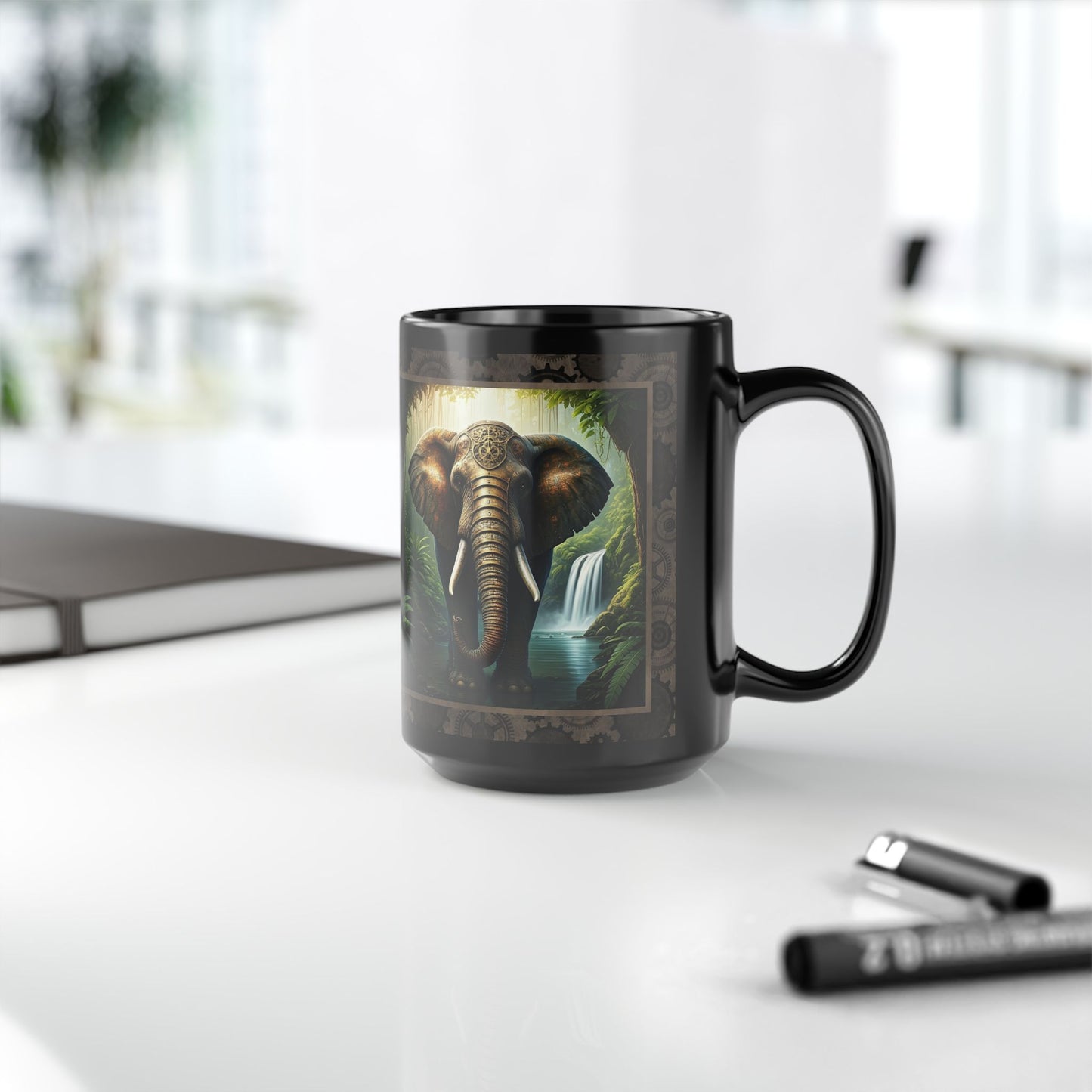 Black Mug-15oz: "Steampunk Elephant" Panel