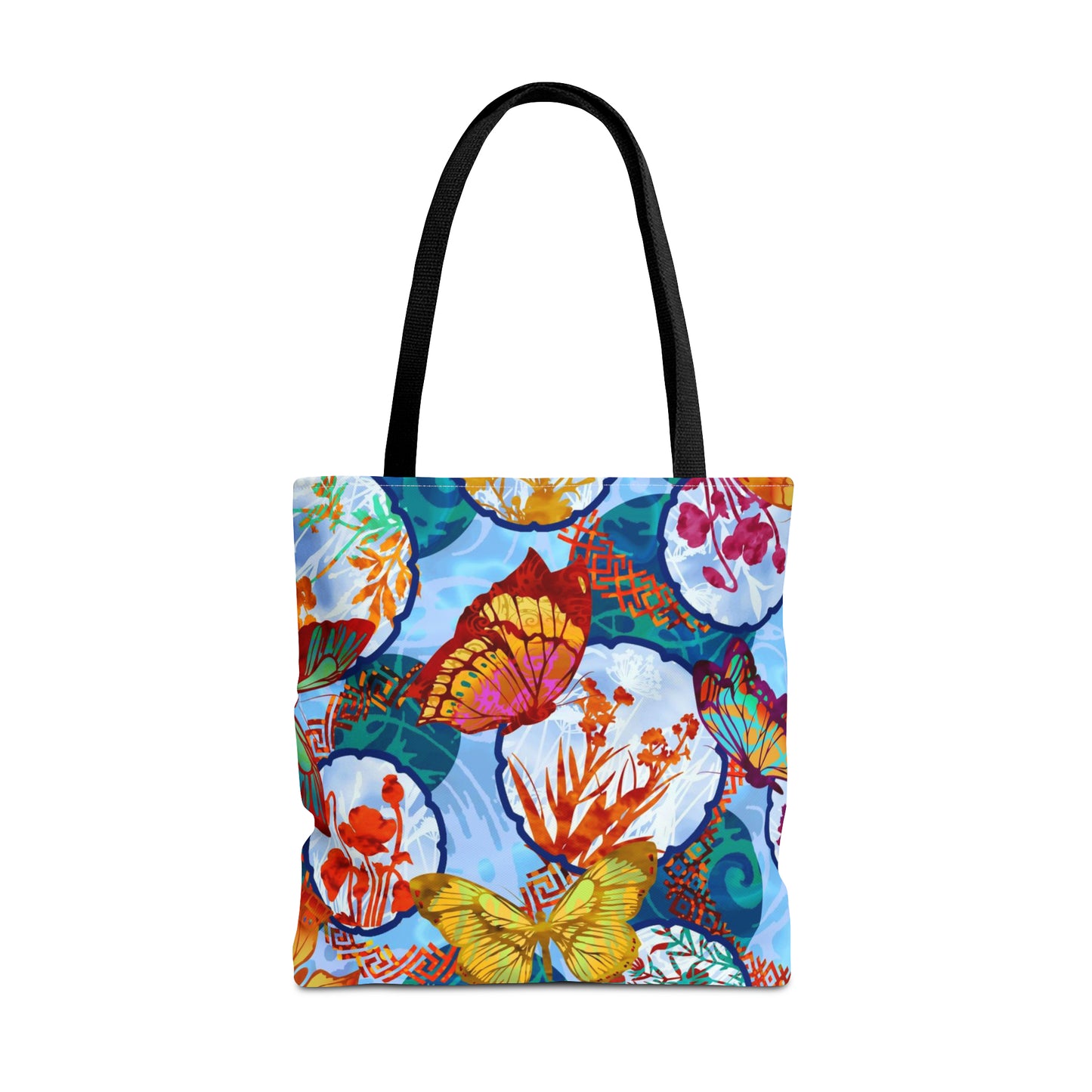 Tote Bag: Large-18x18; DREAMSCAPES BUTTERFLIES w/LT-Blue Circles