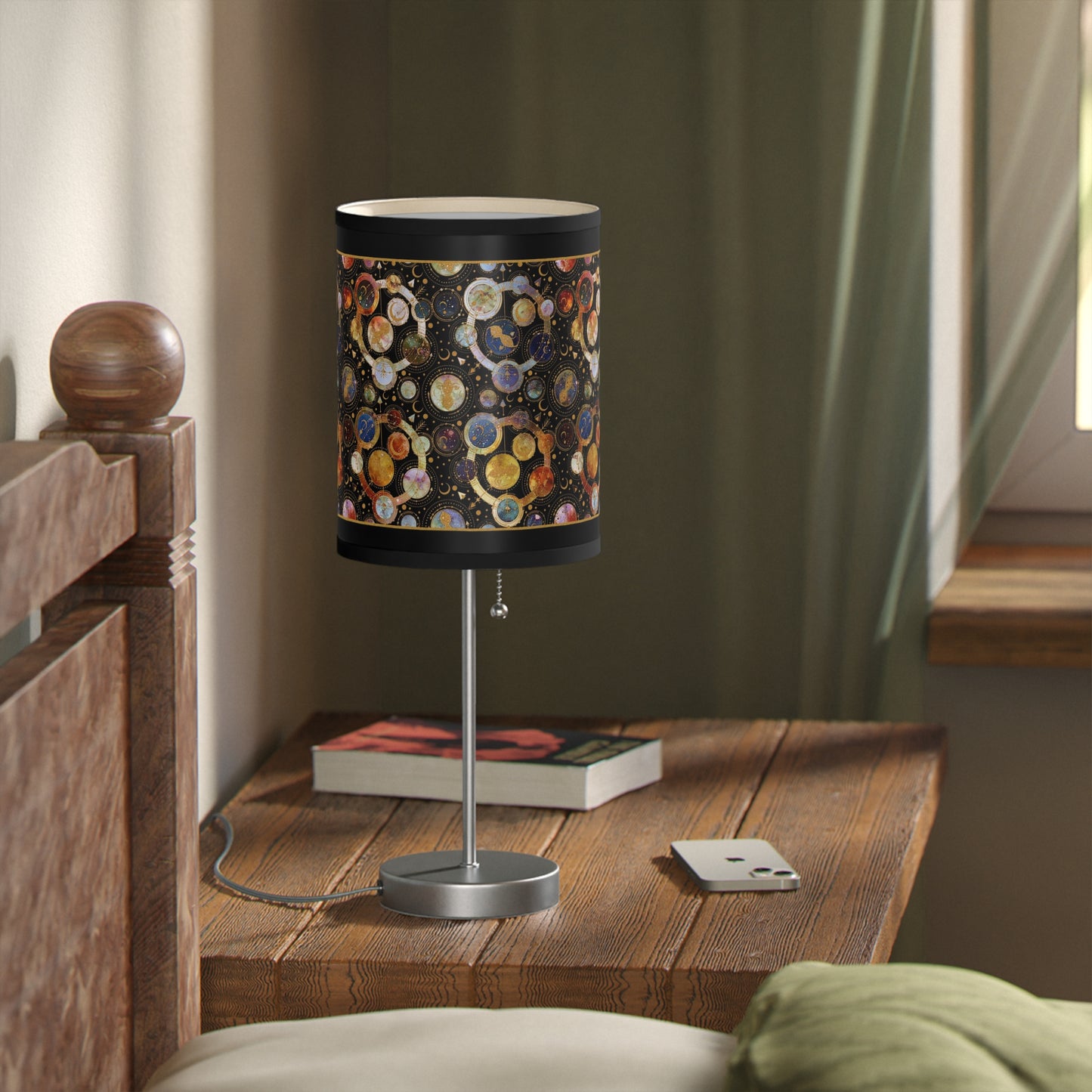 Table Lamp: Silver Base; "Cosmos" [Galaxy and Planets Panel w/Gold Trim.