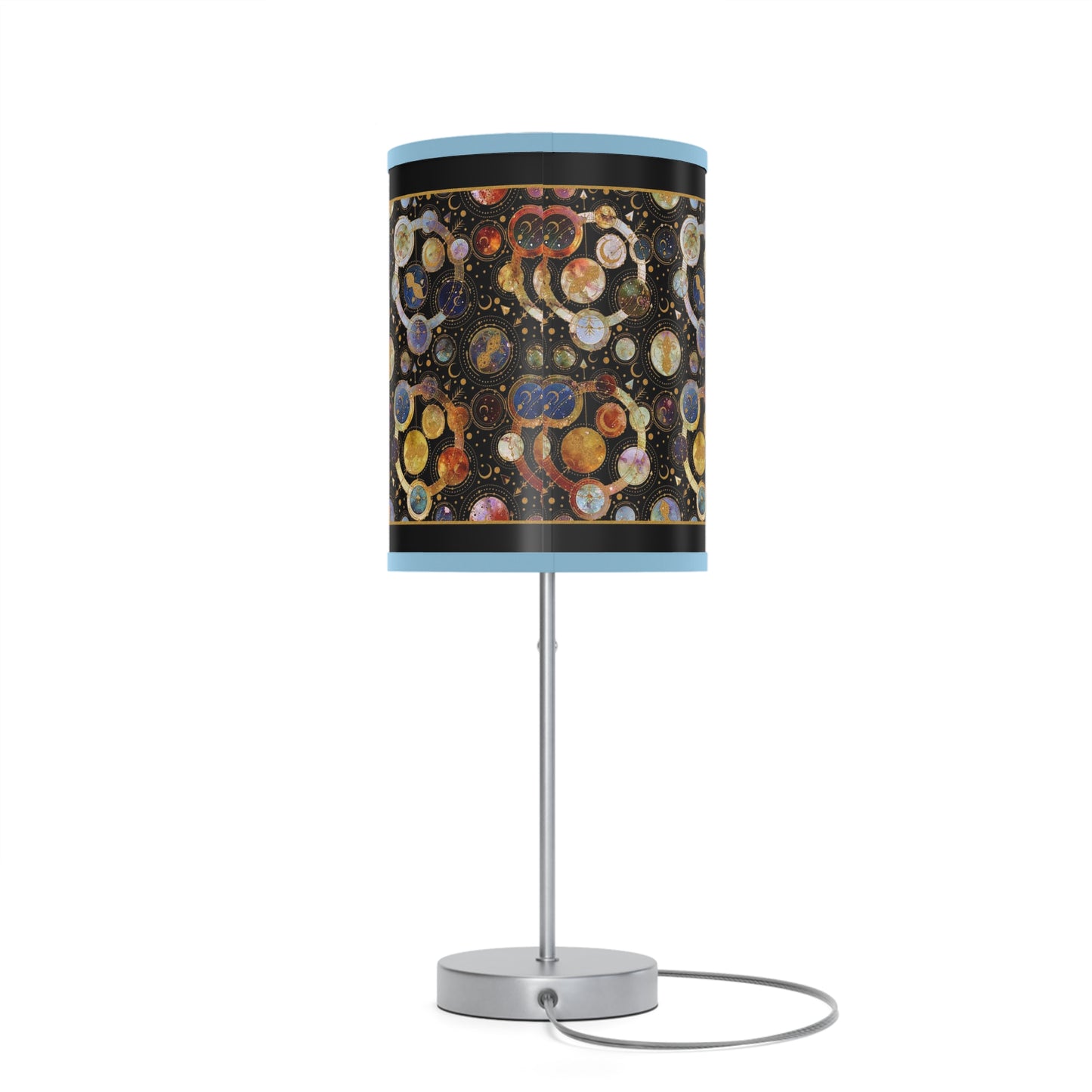 Table Lamp: Silver Base; "Cosmos" [Galaxy and Planets Panel w/Gold Trim.