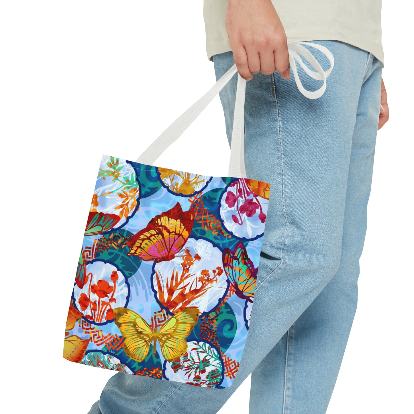 Tote Bag: Large-18x18; DREAMSCAPES BUTTERFLIES w/LT-Blue Circles