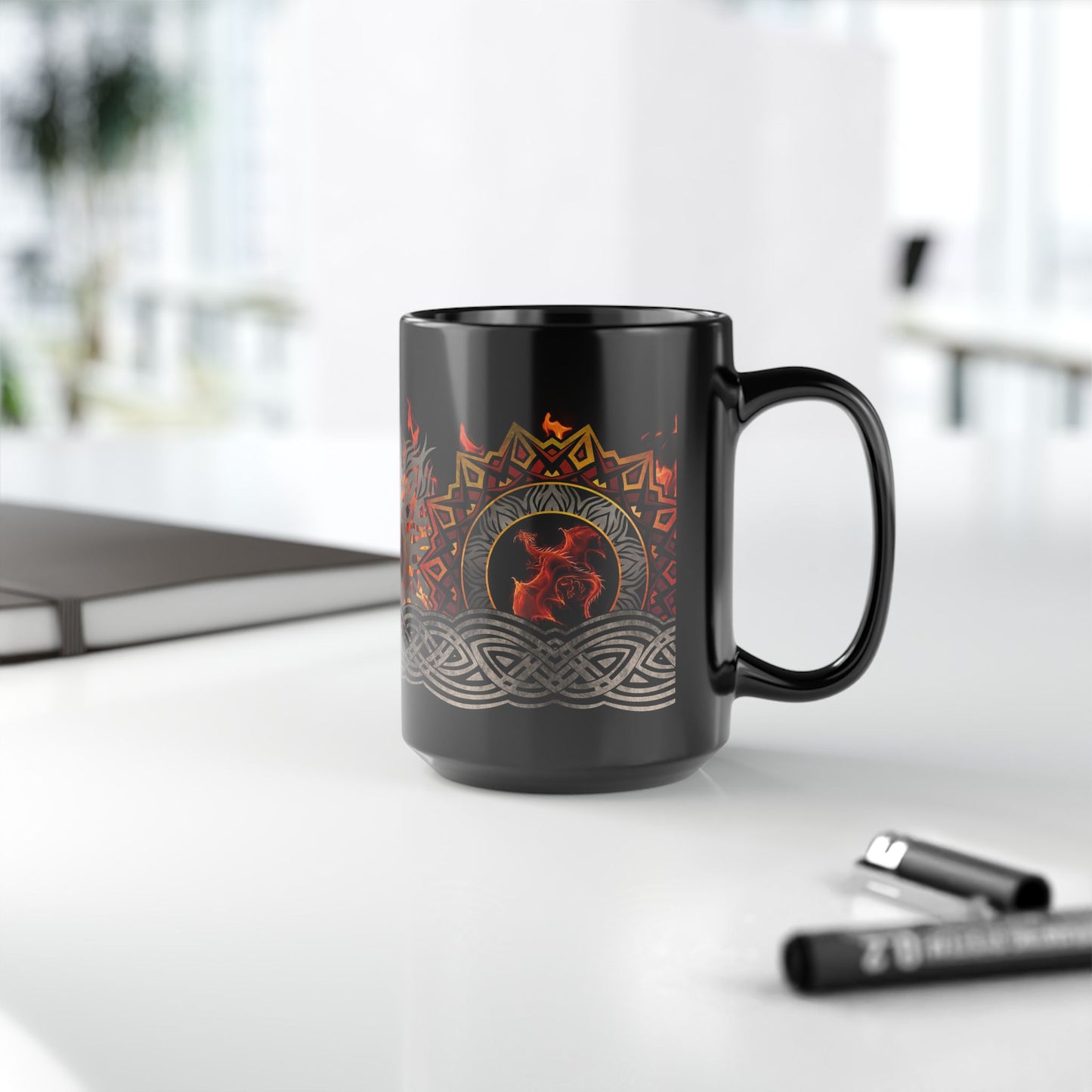 Black Mug-15oz: "Red Dragons" Border
