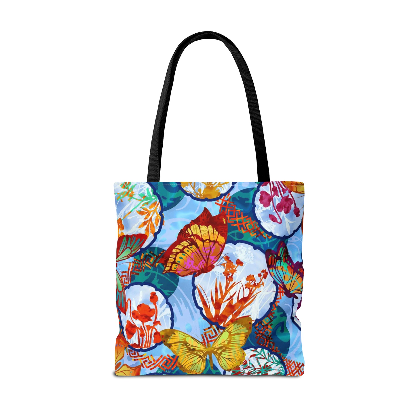 Tote Bag: Large-18x18; DREAMSCAPES BUTTERFLIES w/LT-Blue Circles