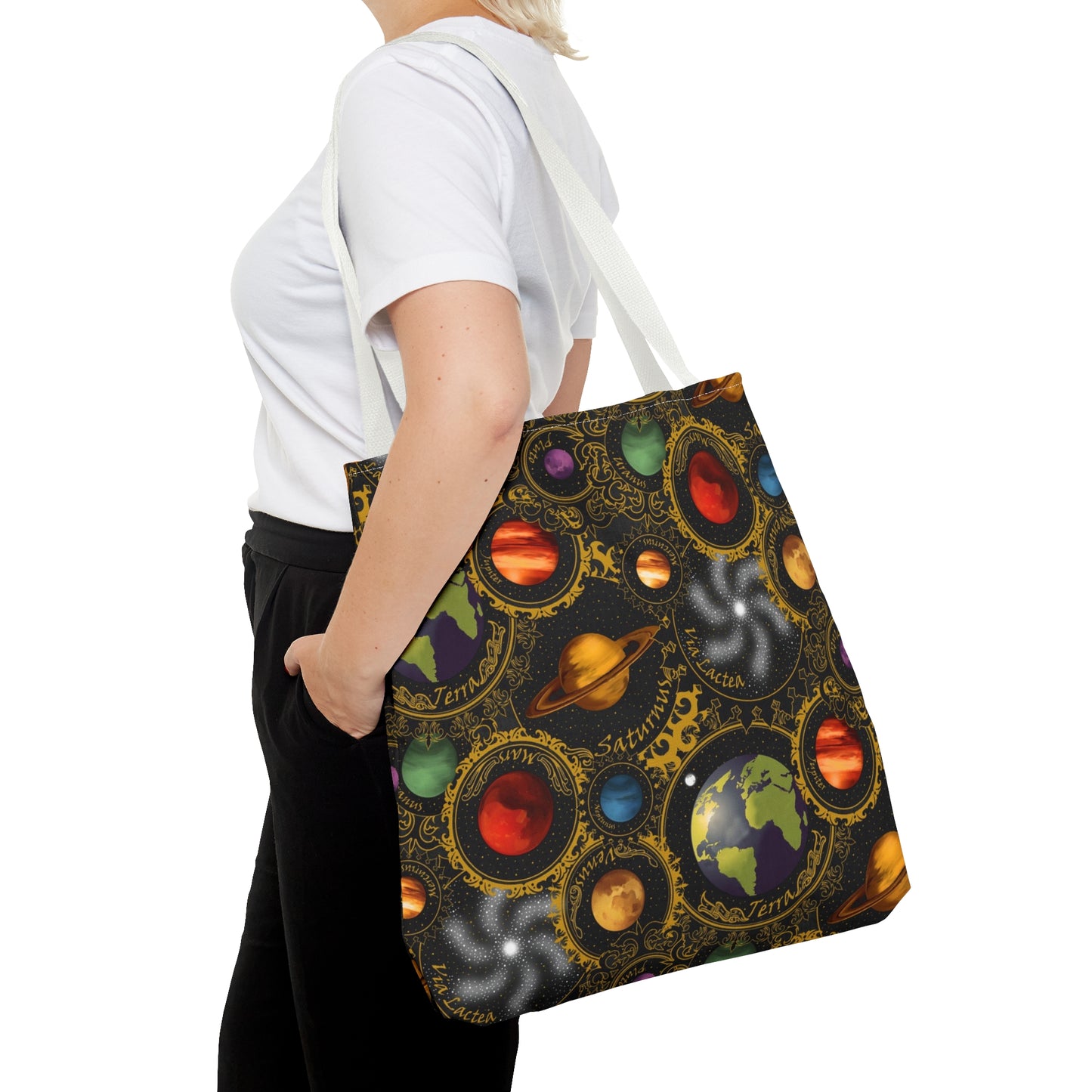 Tote Bag: Large-18x18; Celstial-Planets-Gold