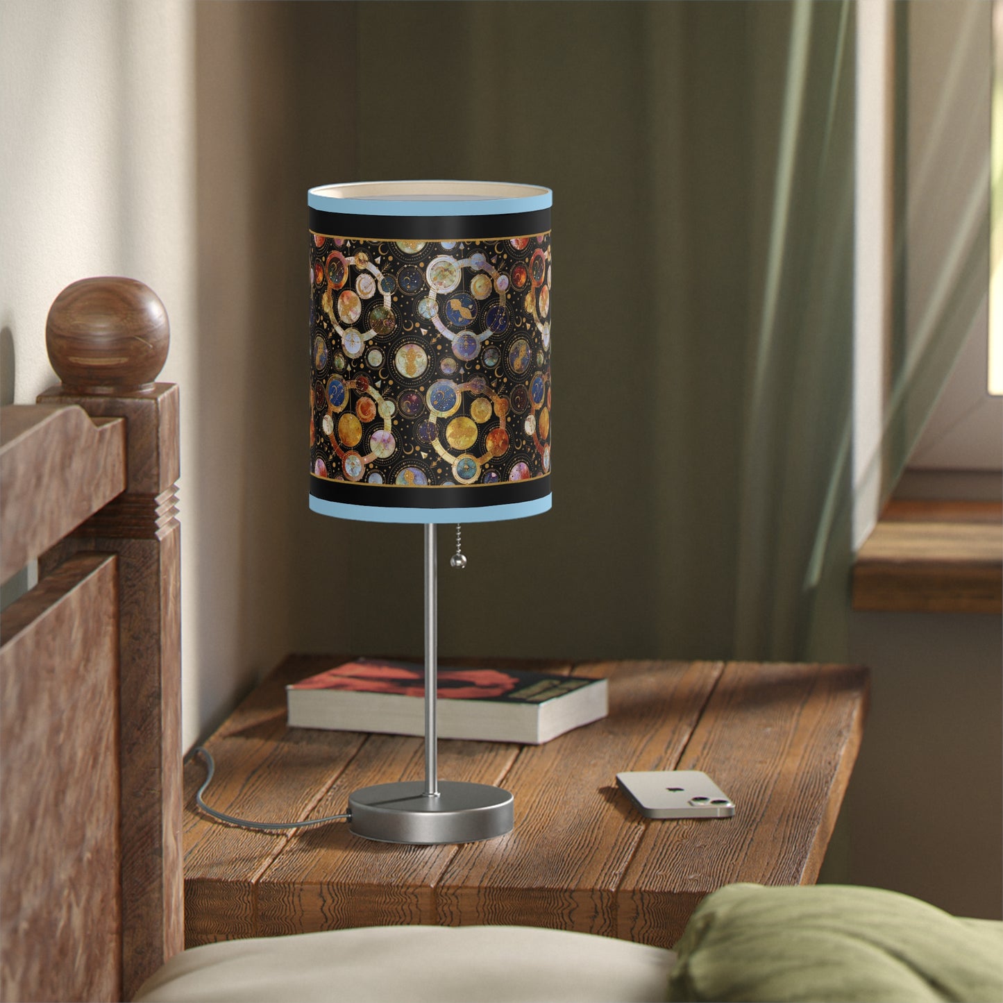 Table Lamp: Silver Base; "Cosmos" [Galaxy and Planets Panel w/Gold Trim.