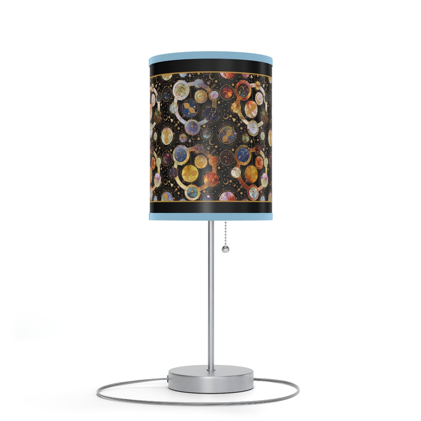 Table Lamp: Silver Base; "Cosmos" [Galaxy and Planets Panel w/Gold Trim.