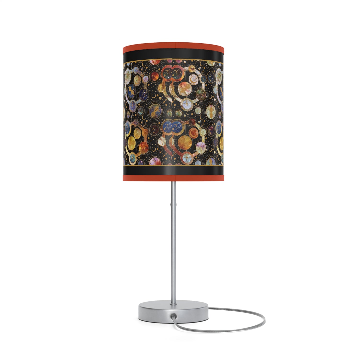 Table Lamp: Silver Base; "Cosmos" [Galaxy and Planets Panel w/Gold Trim.