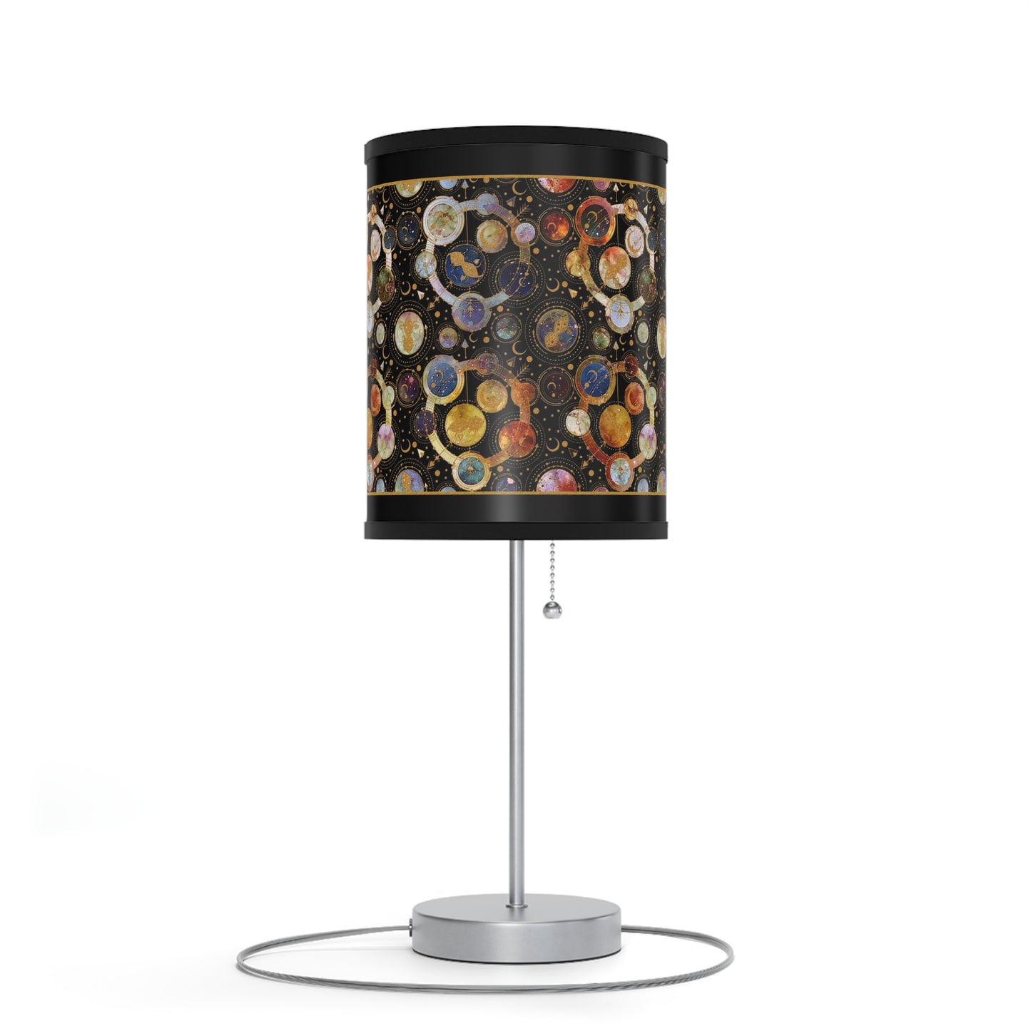 Table Lamp: Silver Base; "Cosmos" [Galaxy and Planets Panel w/Gold Trim.
