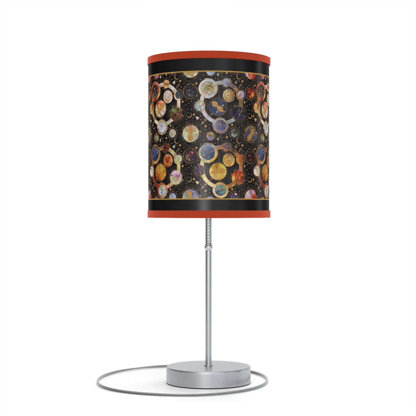 Table Lamp: Silver Base; "Cosmos" [Galaxy and Planets Panel w/Gold Trim.