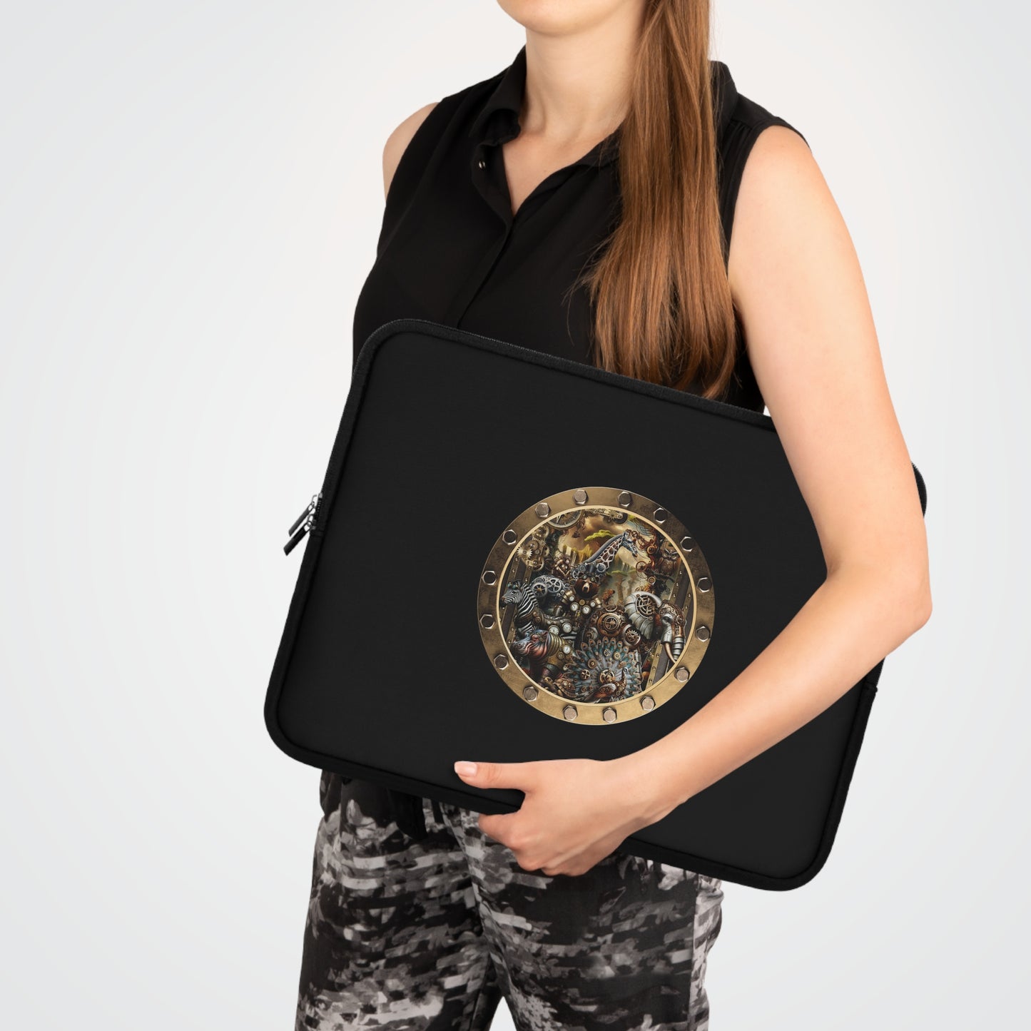 Steampunk Porthole Laptop Sleeve — Vintage Gear & Brass Robot Design