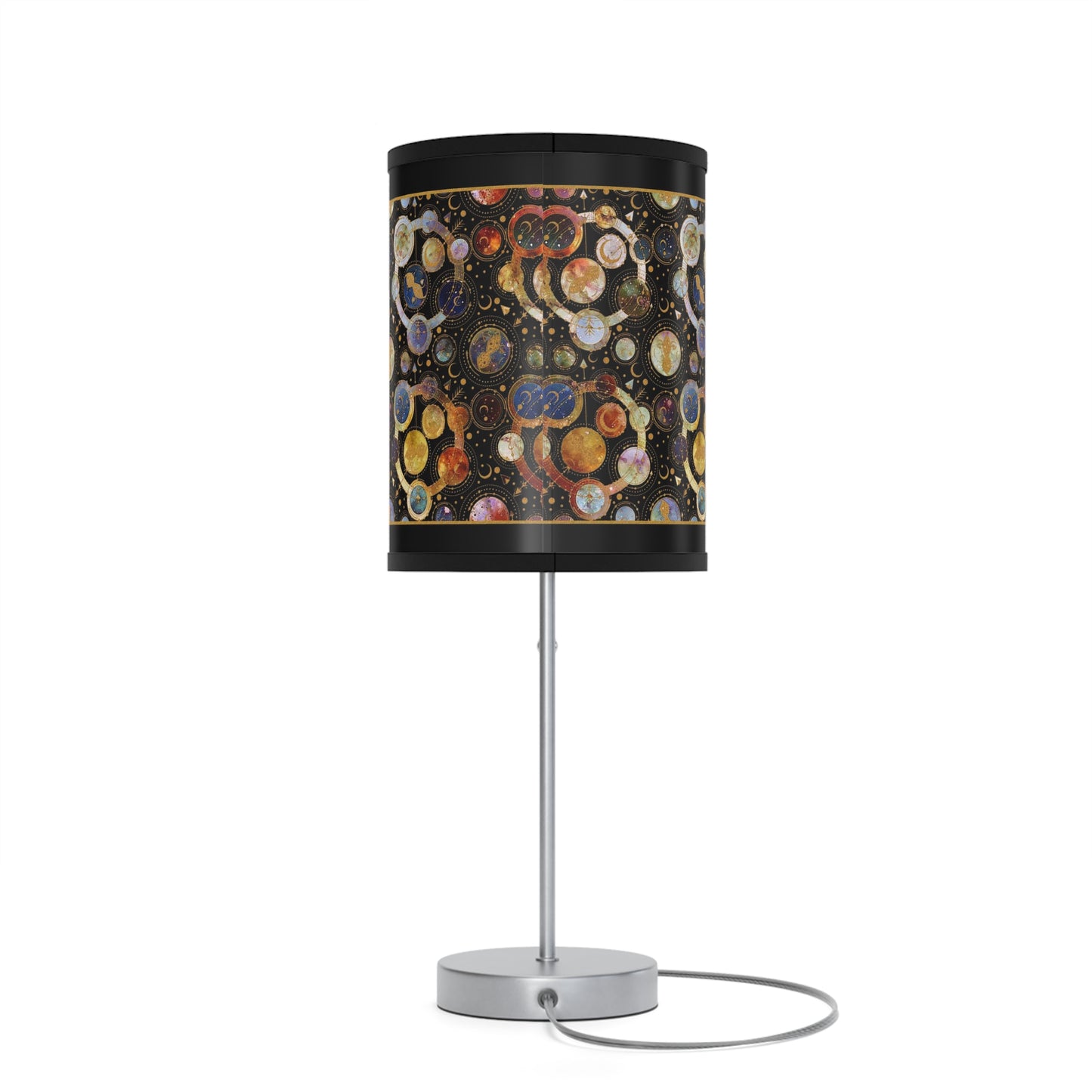 Table Lamp: Silver Base; "Cosmos" [Galaxy and Planets Panel w/Gold Trim.