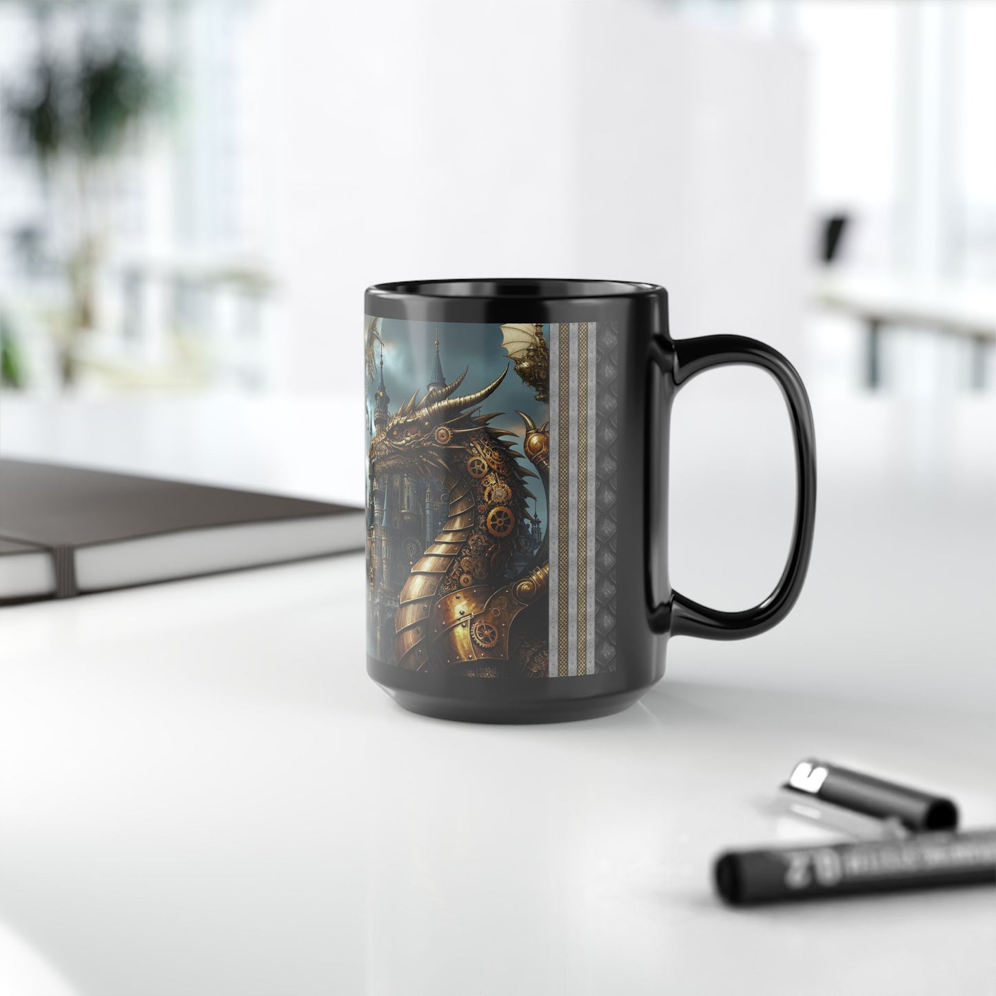 Black Mug-15oz: "Dragons Steampunk 2" Panel