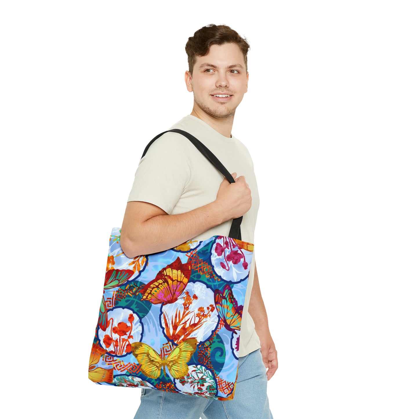 Tote Bag: Large-18x18; DREAMSCAPES BUTTERFLIES w/LT-Blue Circles