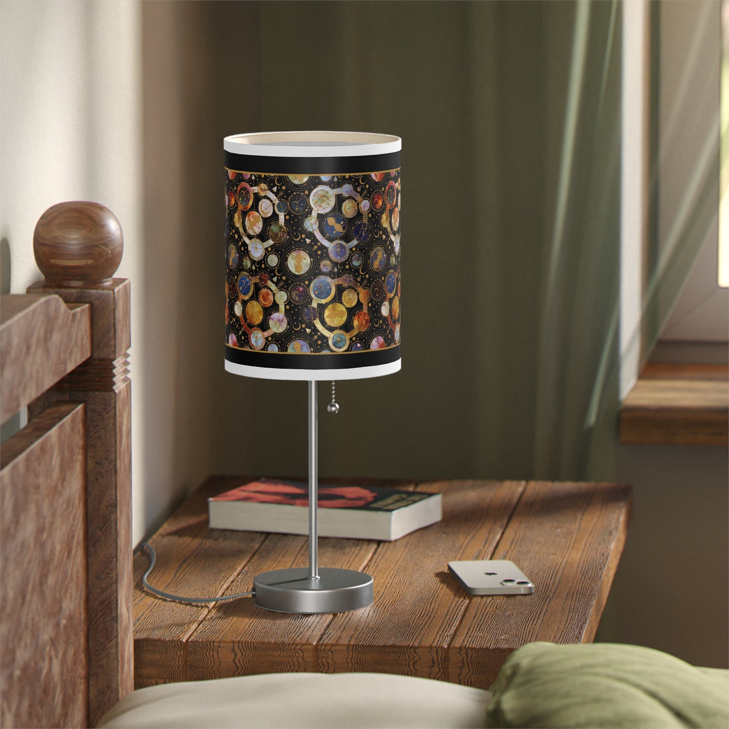Table Lamp: Silver Base; "Cosmos" [Galaxy and Planets Panel w/Gold Trim.