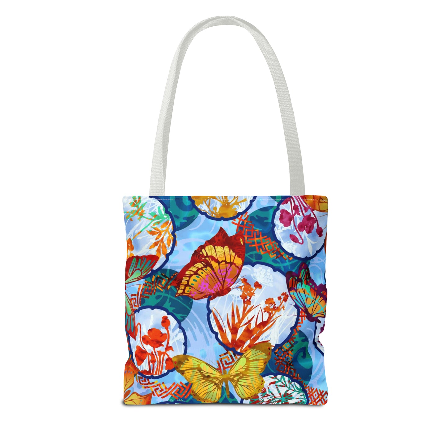 Tote Bag: Large-18x18; DREAMSCAPES BUTTERFLIES w/LT-Blue Circles