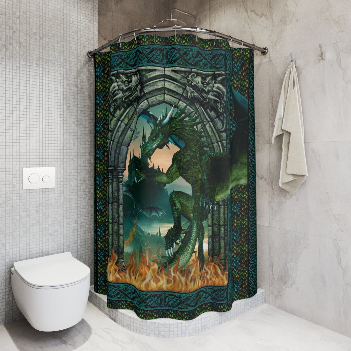 Dragon Portal Shower Curtain — Mystic Green Fantasy Bathroom Decor