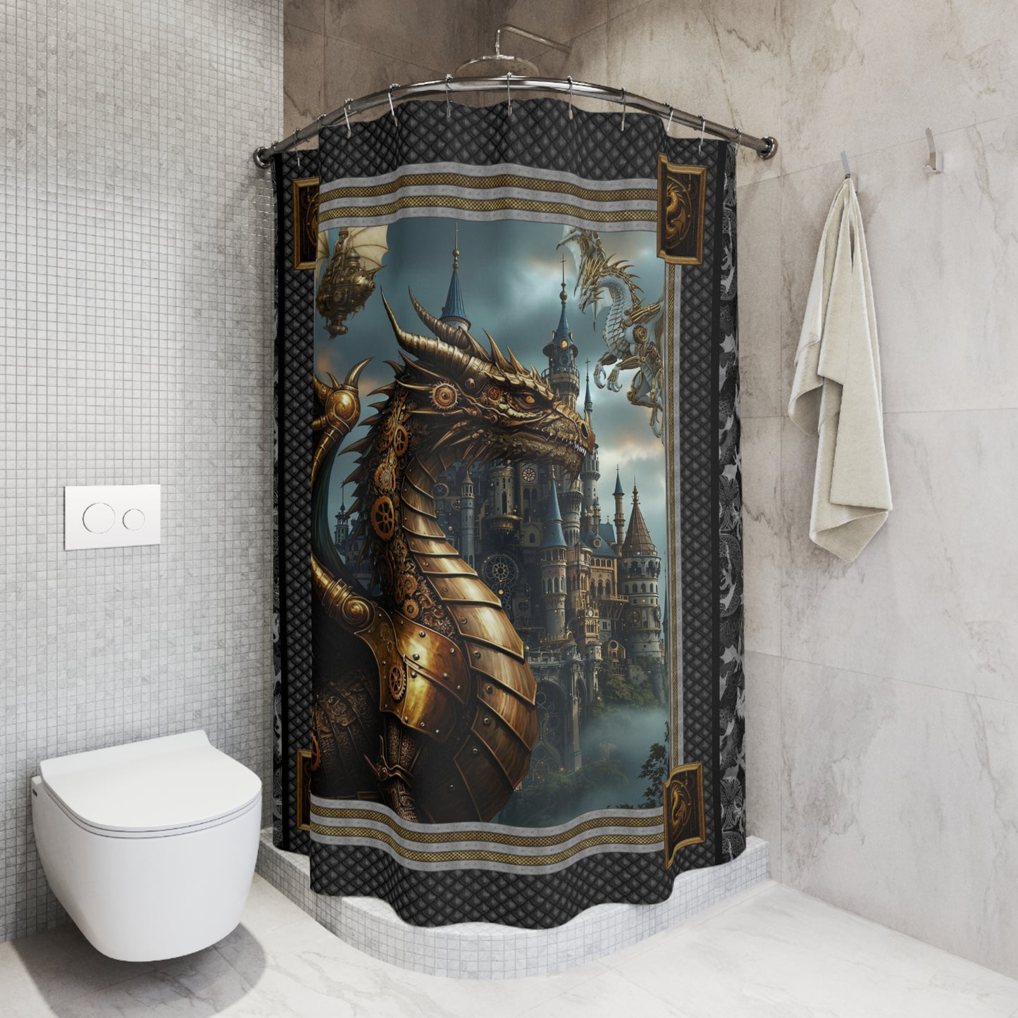 Shower Curtain (71" × 74"): Steampunk Dragons
