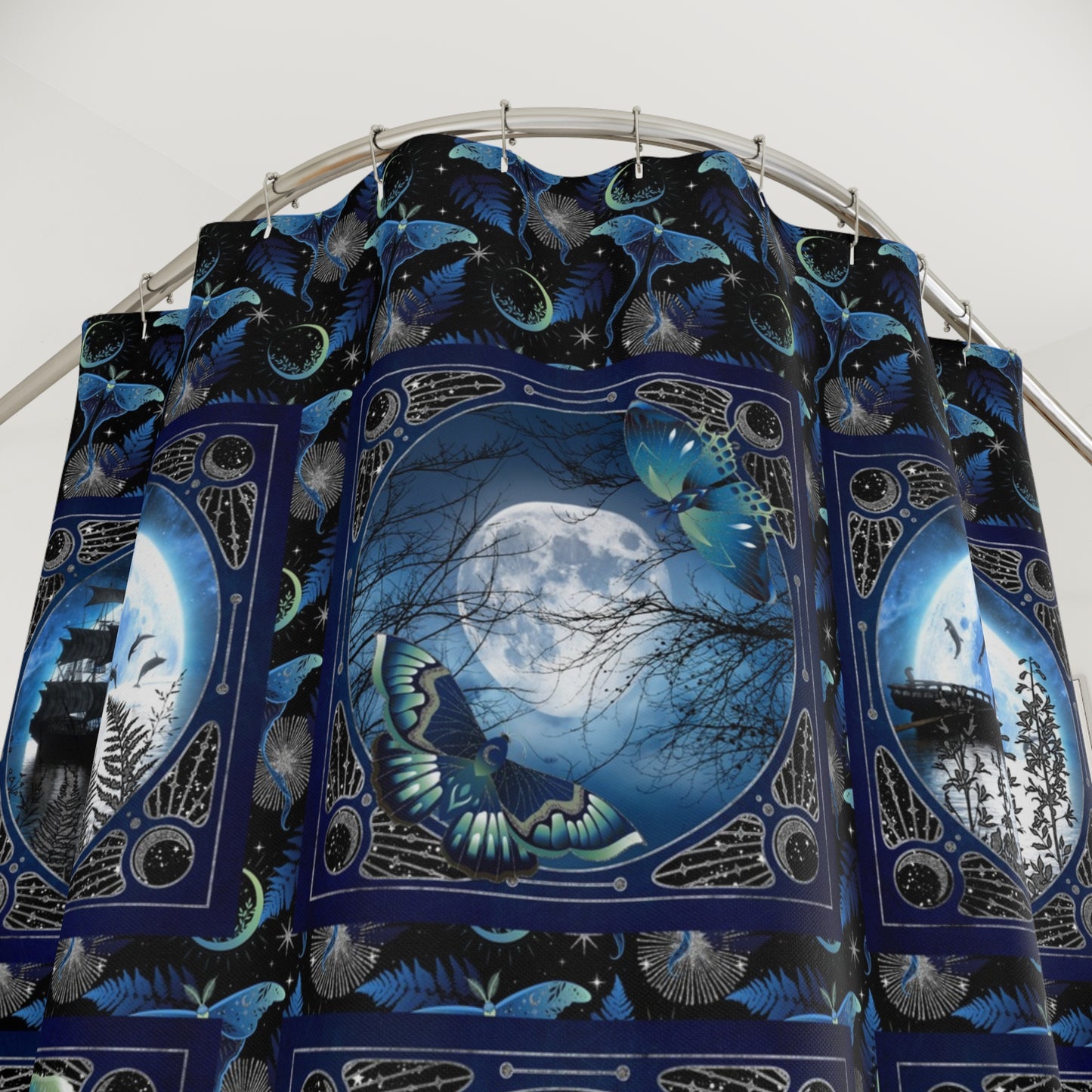 Moon Phases Shower Curtain — Blue Gothic Moonlight Panel Design