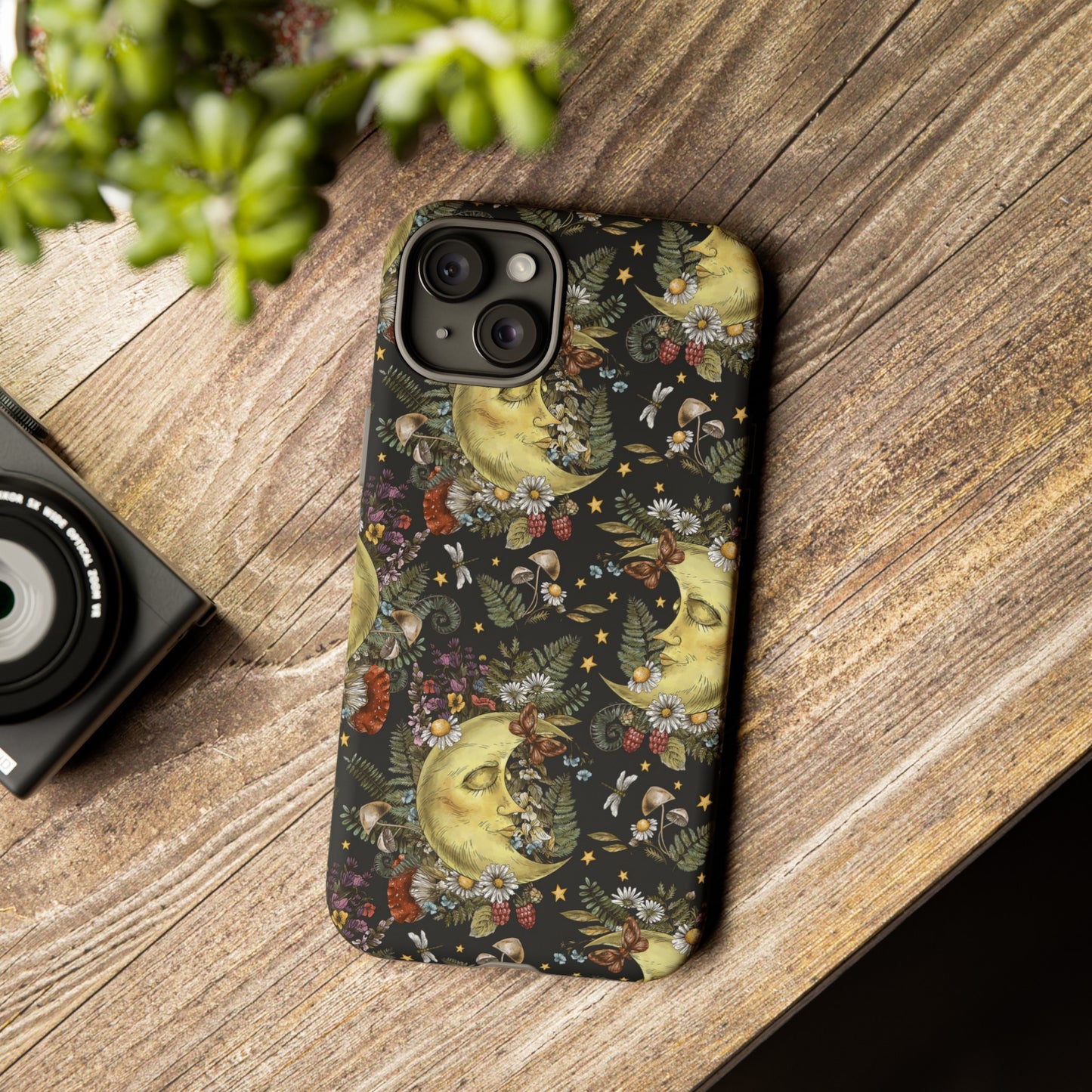 Apple I-Phone 15 Tough Case-Phone Case:  The Sun, The Moon, And The Stars [Moons With Flowers-2]