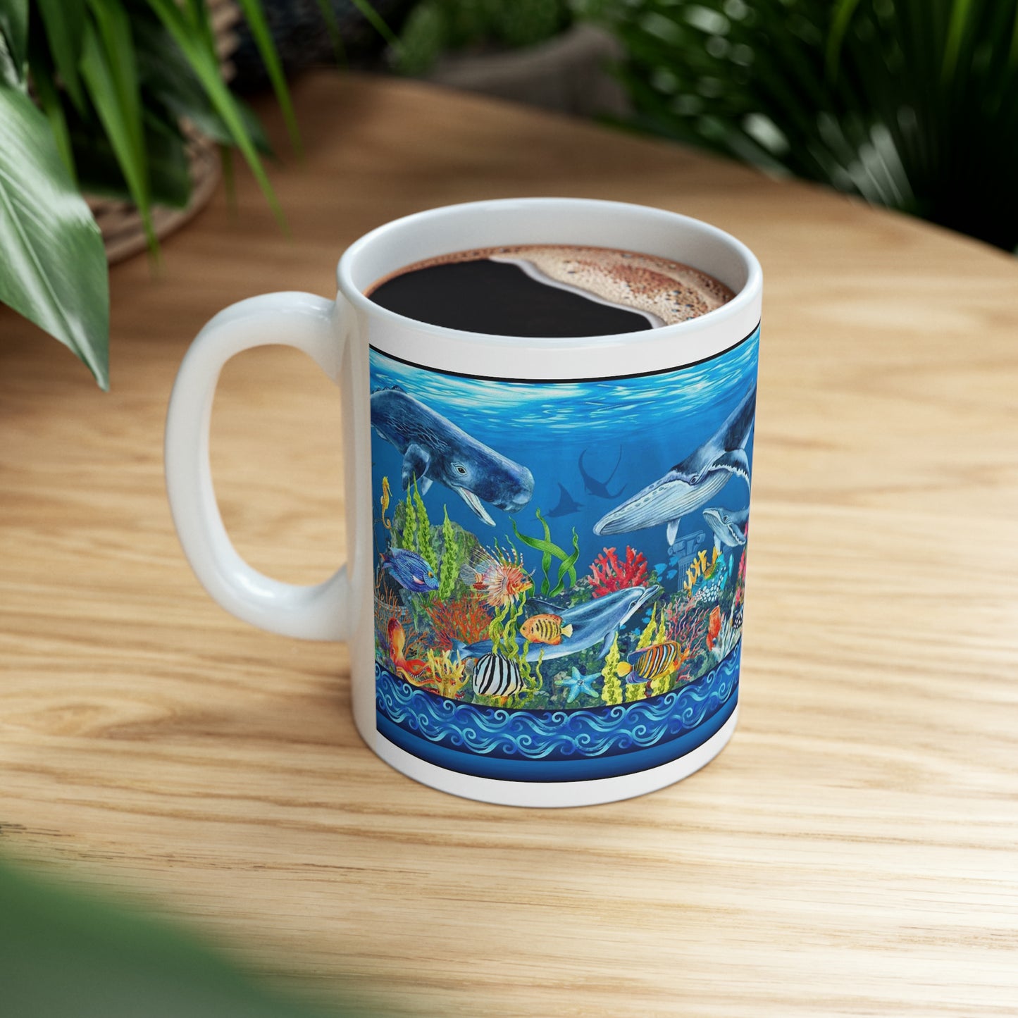 Ceramic Mug:  White; "Calypso" [Sea Life Panel]