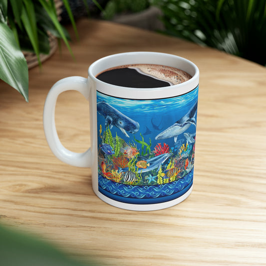 Ceramic Mug:  White; "Calypso" [Sea Life Panel]
