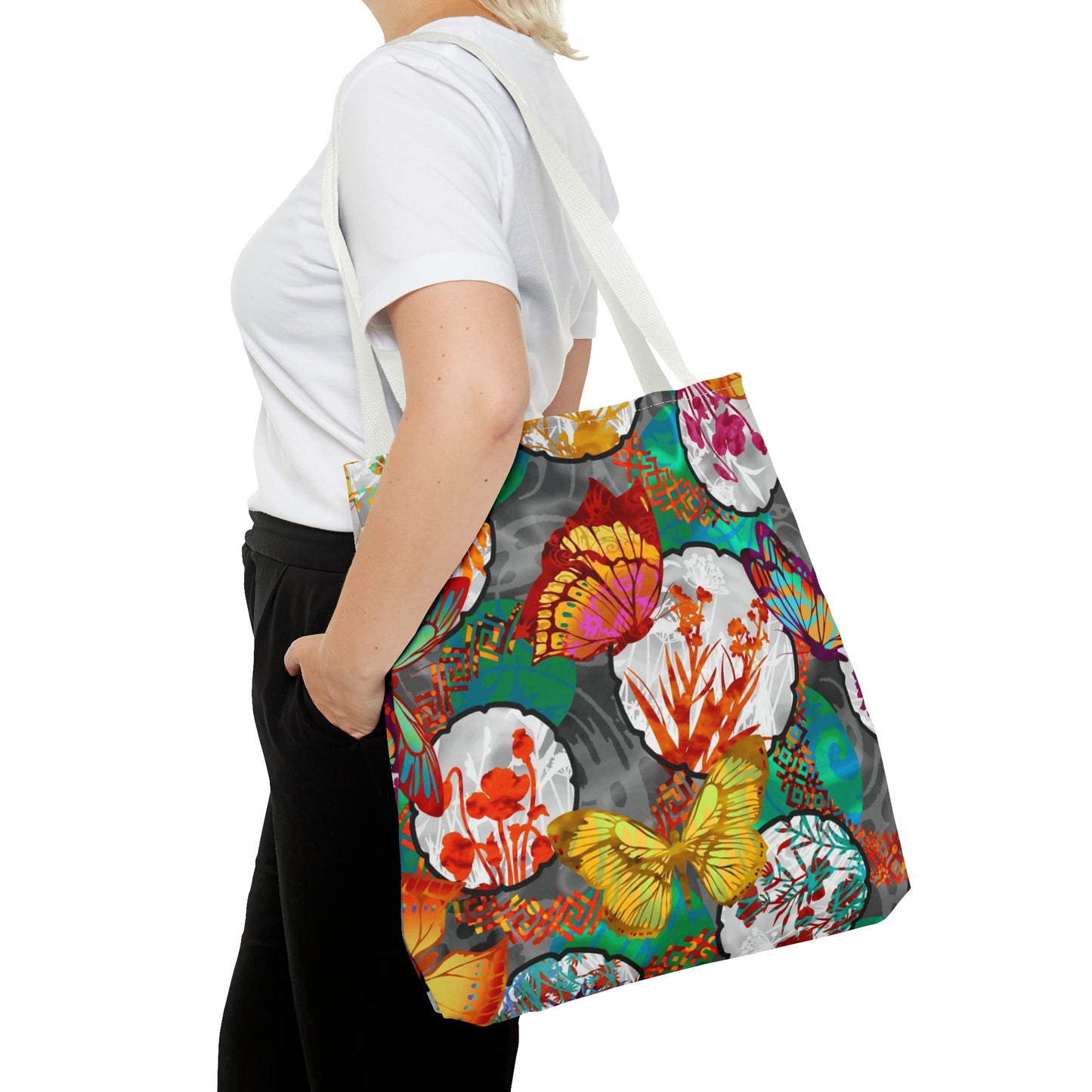 Tote Bag:  Large-18x18; Butterflies w/Lt Green Circles