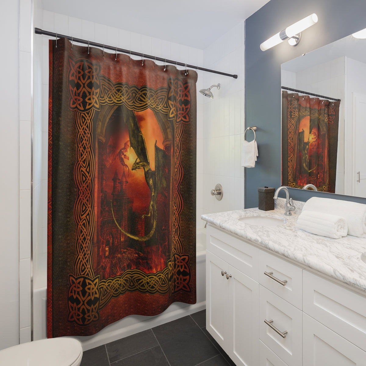 Dragon Shower Curtain – Gothic Celtic Frame Fantasy Bath Decor