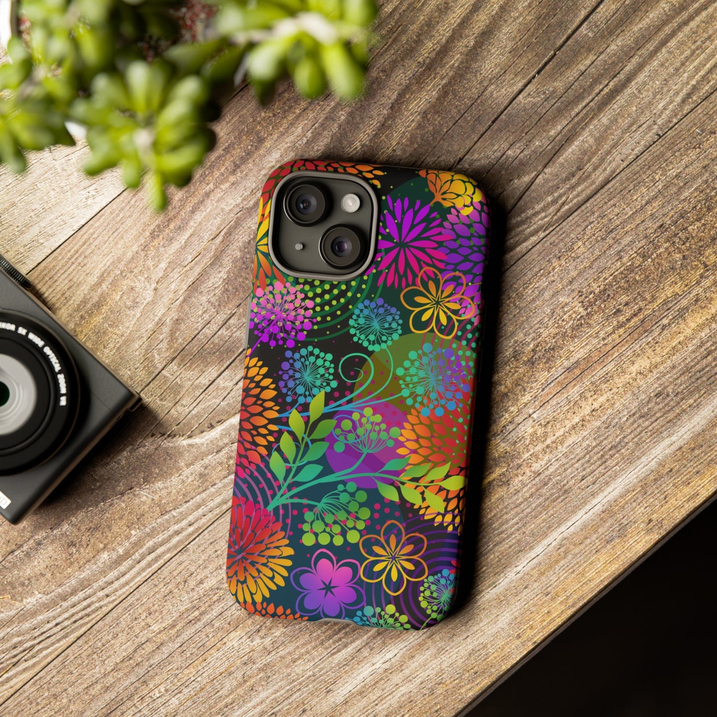 Apple I-Phone 15 Tough Case-Phone Case:  Unusual Garden  [Bright Flowers]