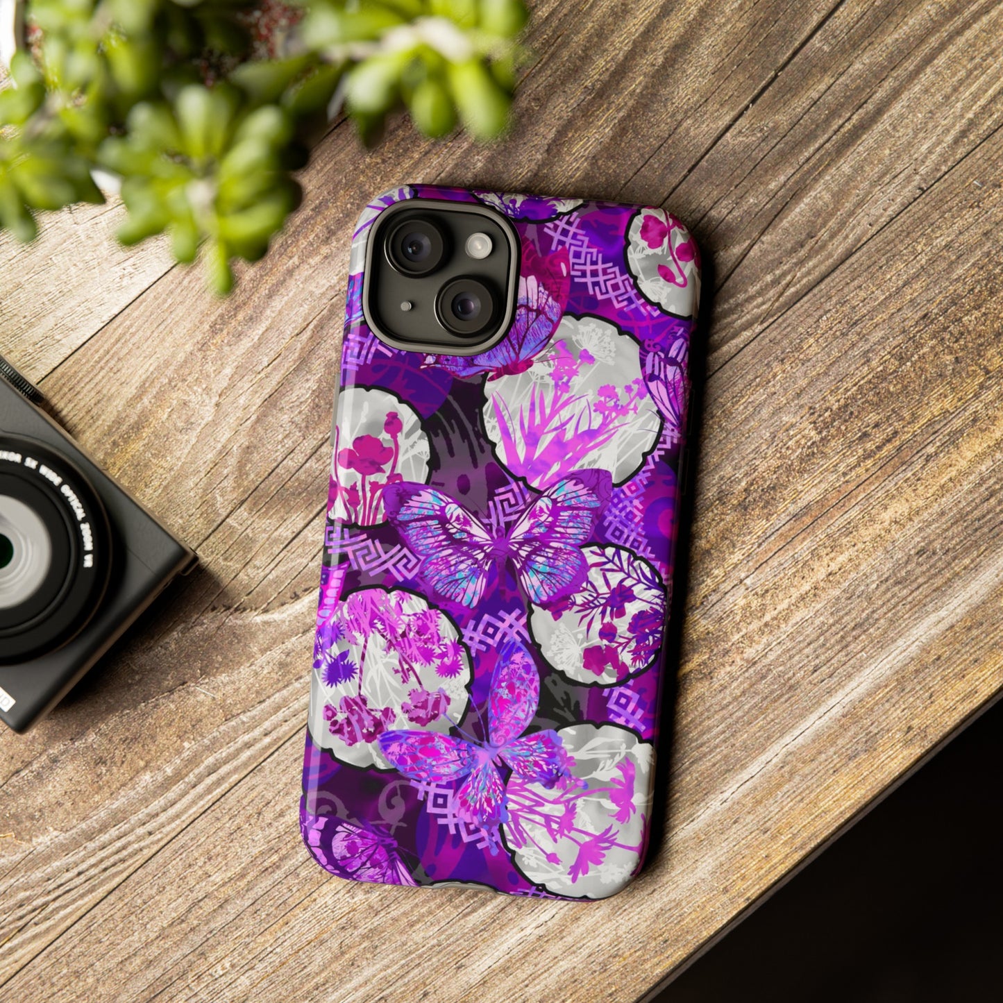 Apple I-Phone 15 (Series) Tough Case-Phone Case:  Dreamscapes [Bright Purple Butterflies]