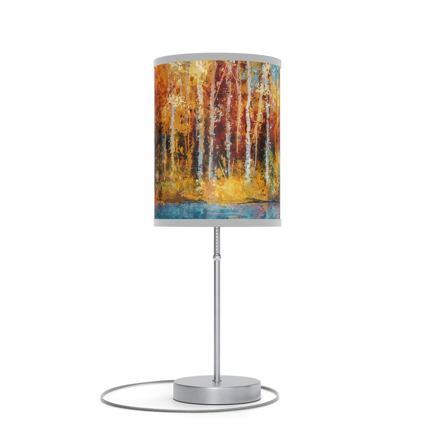 Table Lamp: Silver Base W/Black Trim; The Year of Art-Aspen Trees w/river