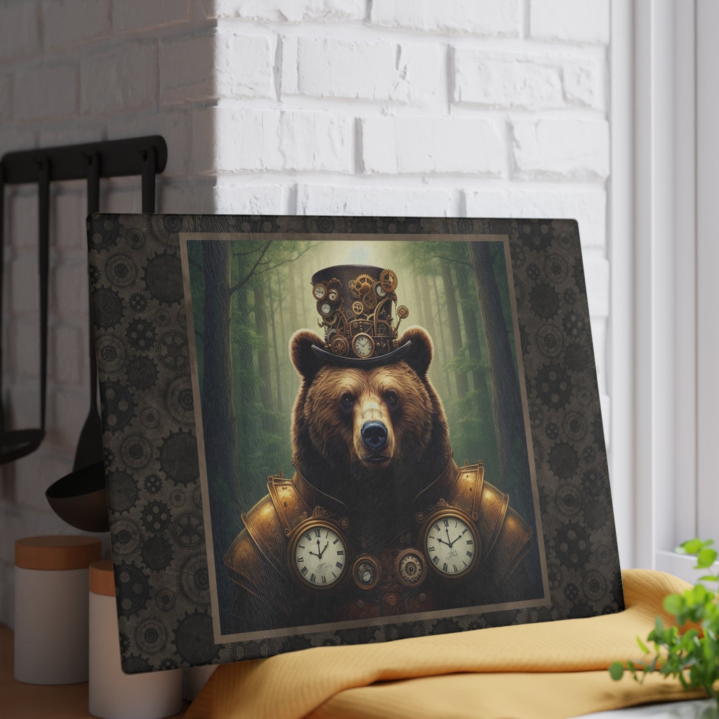 Glass Cutting Board (11"x15"):   Steampunk Animales [Bear]