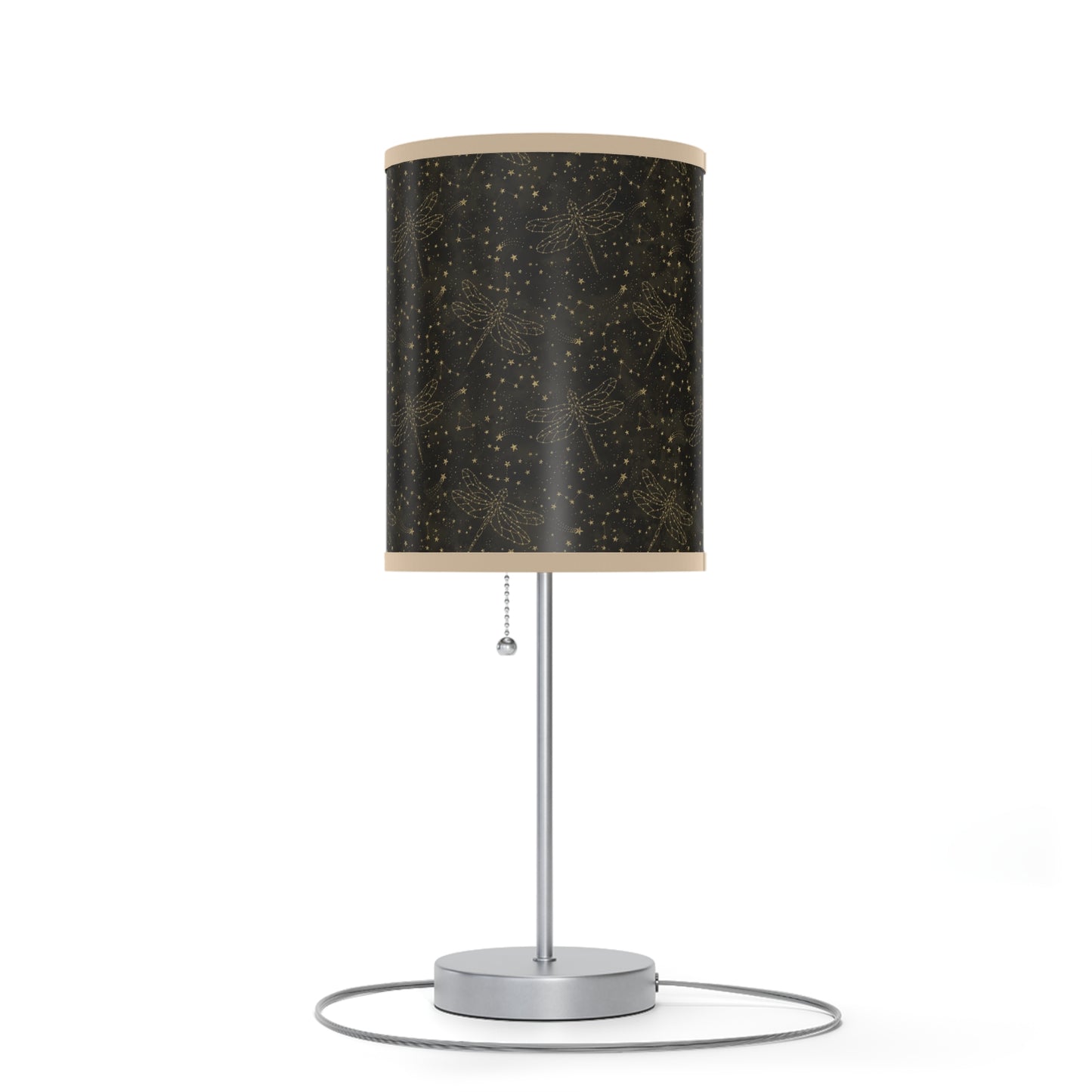 Table Lamp: Silver W/Black Trim; The Sun, The Moon, and The Stars [Gold Sparkle Dragonflies]
