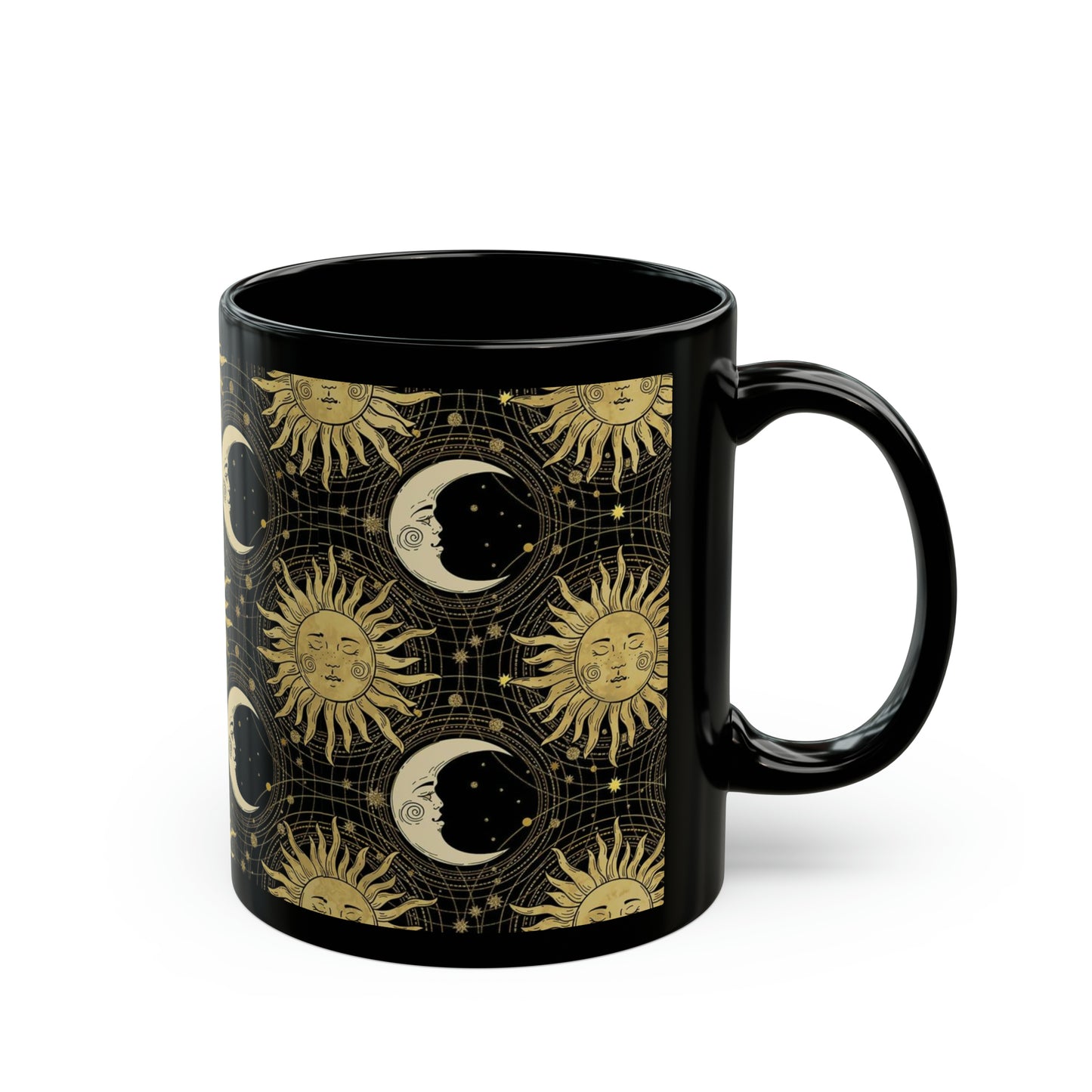 Ceramic Mug:  Black;  "The Sun, The Moon, And The Stars" [Sun and Moon-Gold]