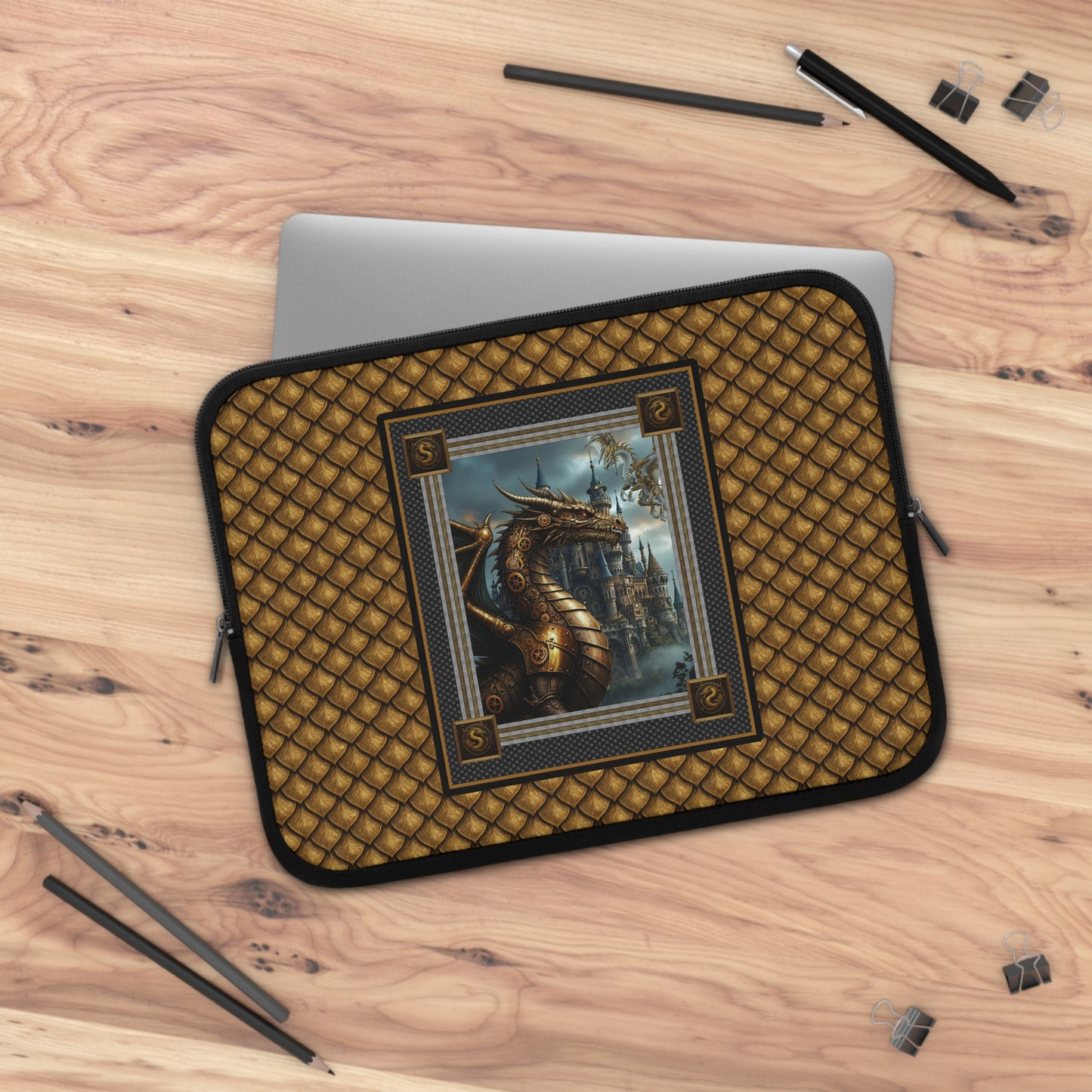 Laptop Sleeve (Sizes:  13", 15", 17"):  Steampunk Dragons [Dragon Panel - Gold Scales]