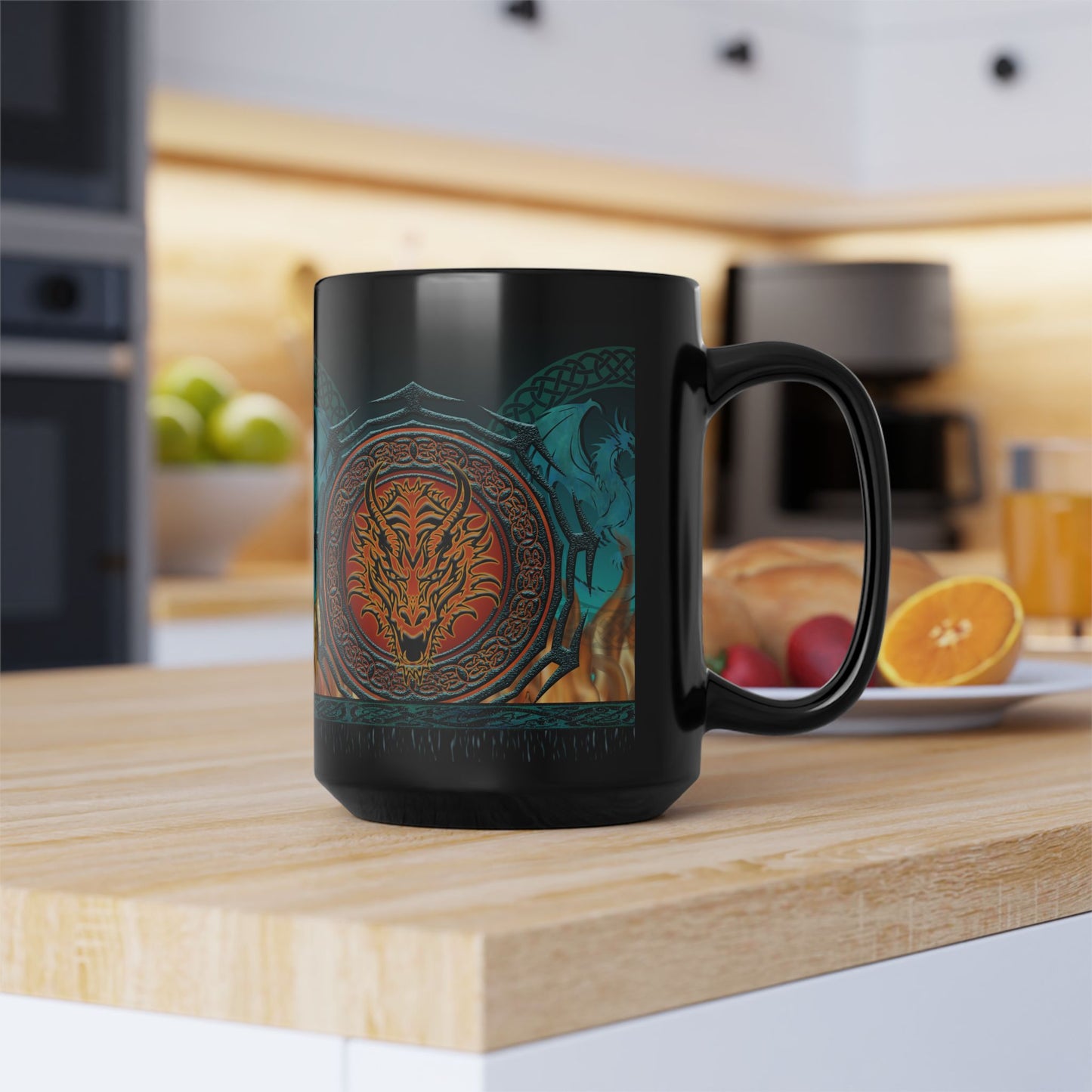 Black Mug-15oz:  "Emerald Dragons" Border