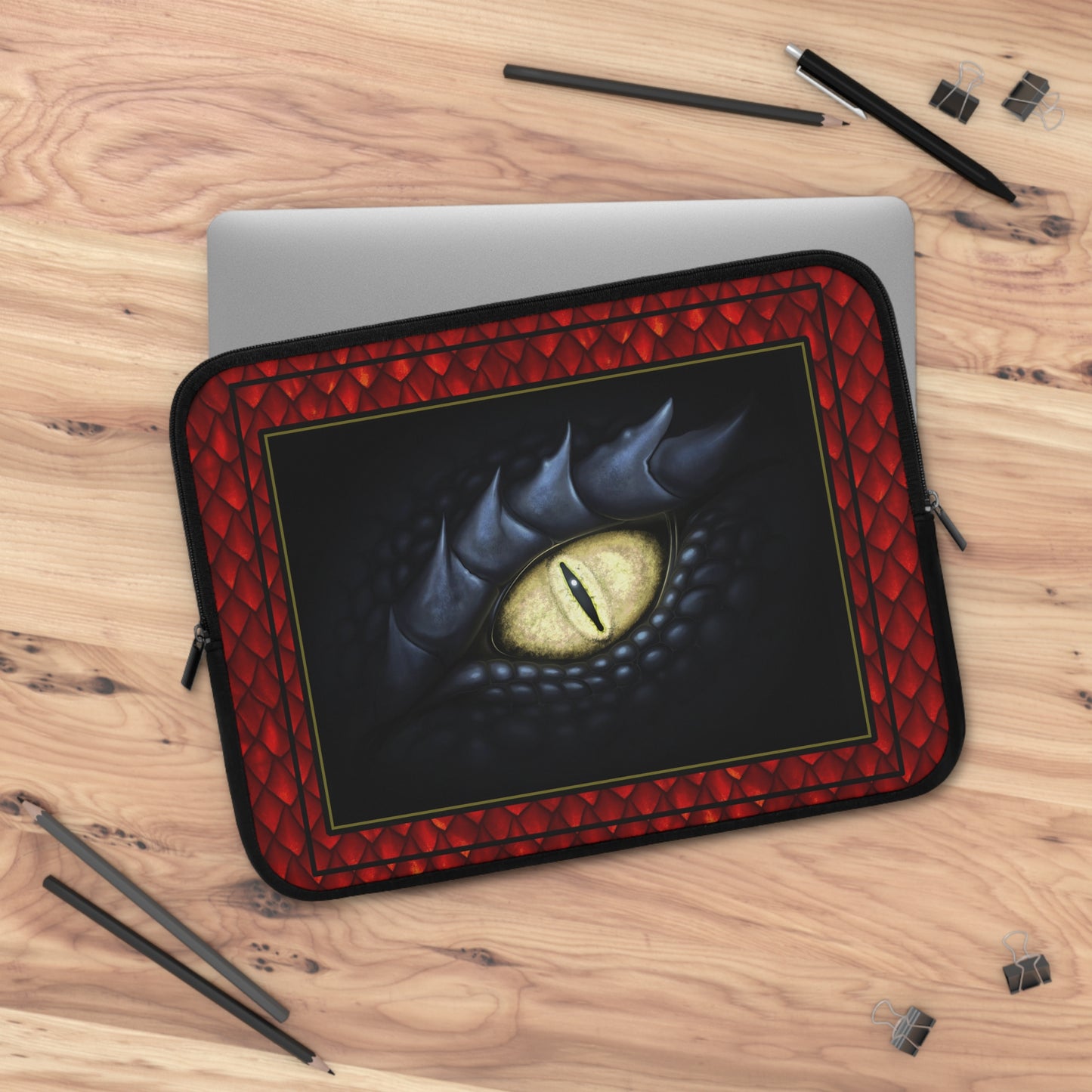 Laptop Sleeve  (Sizes:  13", 15", 17") [Dragons:  Green Scales-Black Eye w/Orange] - From In the Beginning Fabrics.