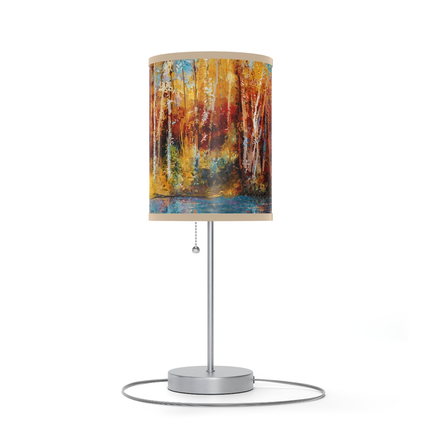 Table Lamp: Silver Base W/Black Trim; The Year of Art-Aspen Trees w/river