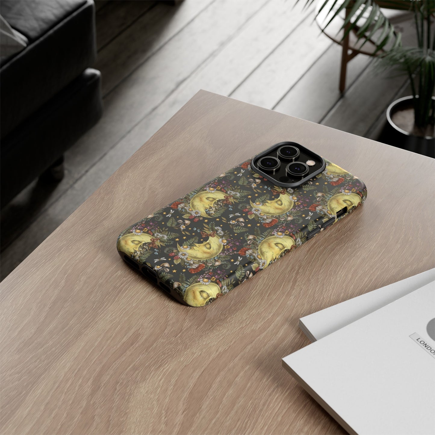 Apple I-Phone 14 Tough Case-Phone Case: The Sun, The Moon, And The Stars [Moon With Flowers]
